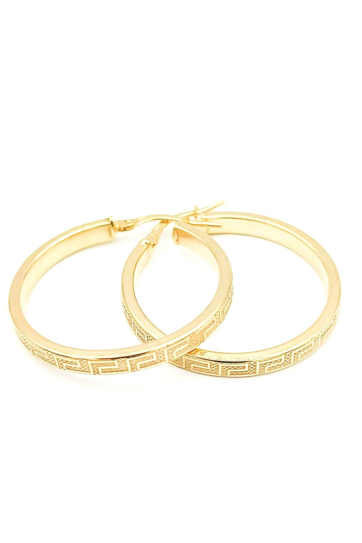 LİSA MÜCEVHERAT Moom Mücevherat 3 Cm Büyük Boy Italyan Grek Desenli Gösterişli Yeşil Altın 14 Ayar Halka Küpe