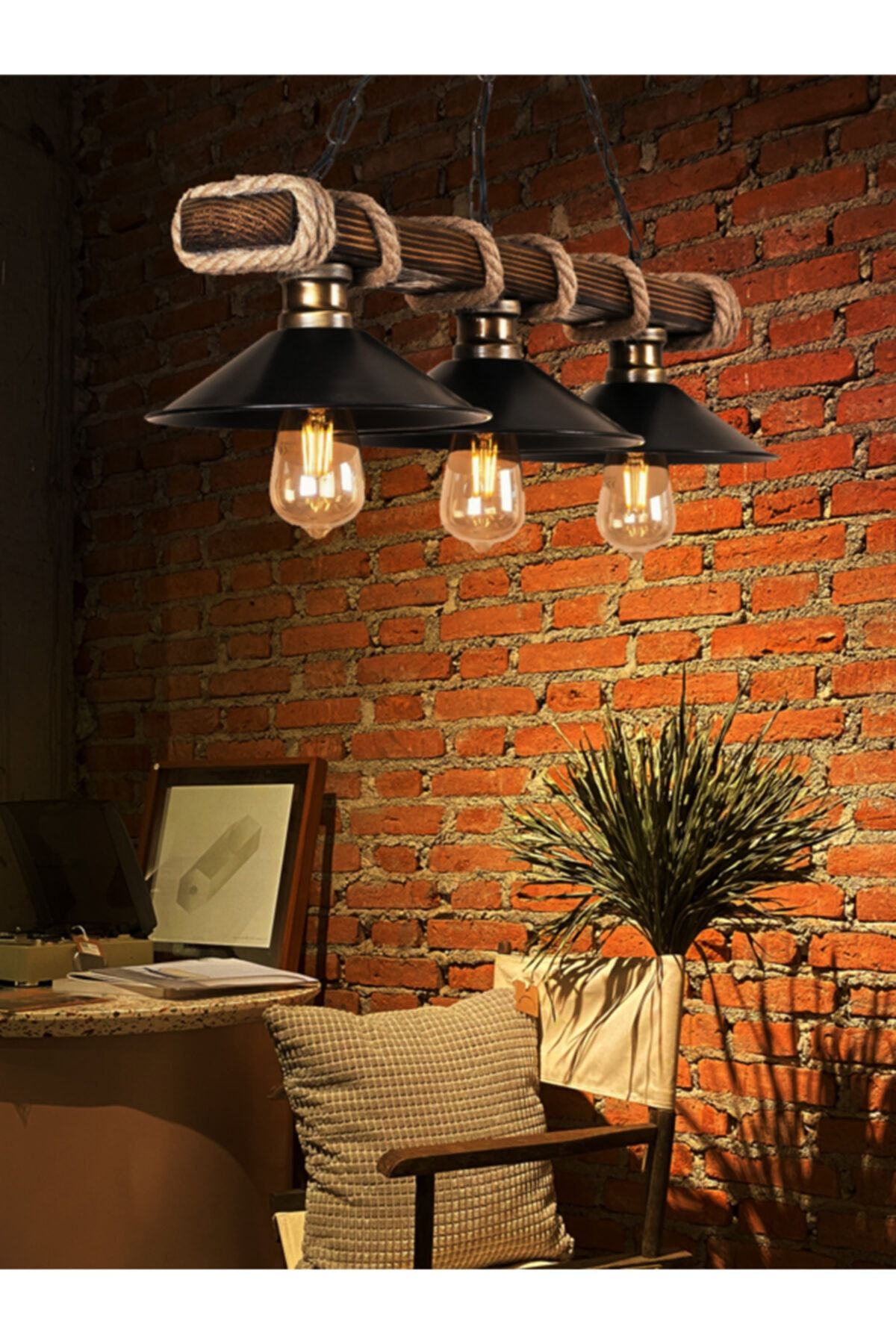 Studio Noon Ahşap Avize Eskitme 3 Lü Metal Sıvama Ev Salon Oturma Odası Yemek Odası Ofis Cafe Bar Restaurant