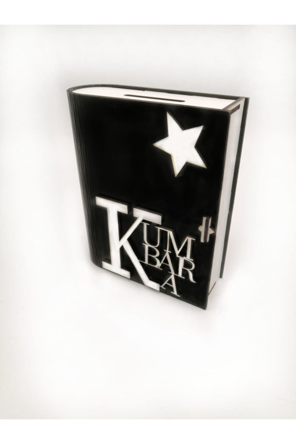 EmAyCenter Anahtarlı Ahşap Kitap Kumbara Siyah Renk 3mm Mdf Kabartmalı Yazılı