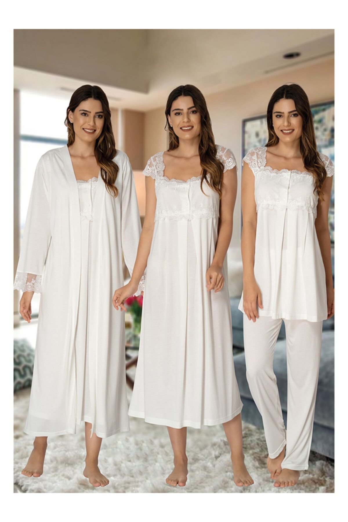 HAMİLE ÇARŞI Ekru Sabahlıklı Lohusa Pijama Gecelik 4'lü Set 2305