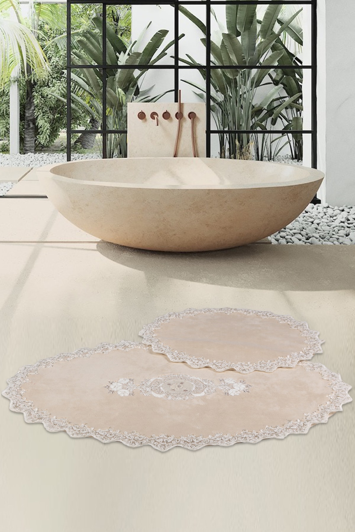 Bonny Home Vizon Cotton Lux Fransız Dantelli Aplikli Pamuklu Klozet Takımı Banyo Halısı Paspas Seti