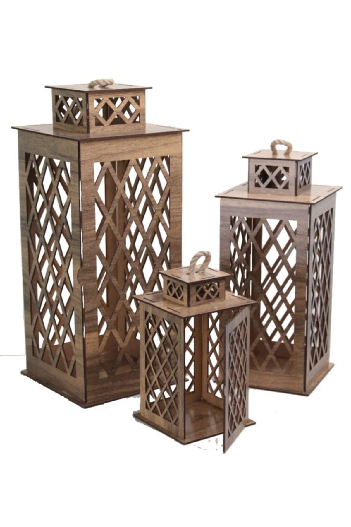 EmAyCenter 3lü Ahşap Dekoratif Fener Mumluk Seti Üçlü Takım Set Ceviz Renk Bambu Halatlı El Yapımı