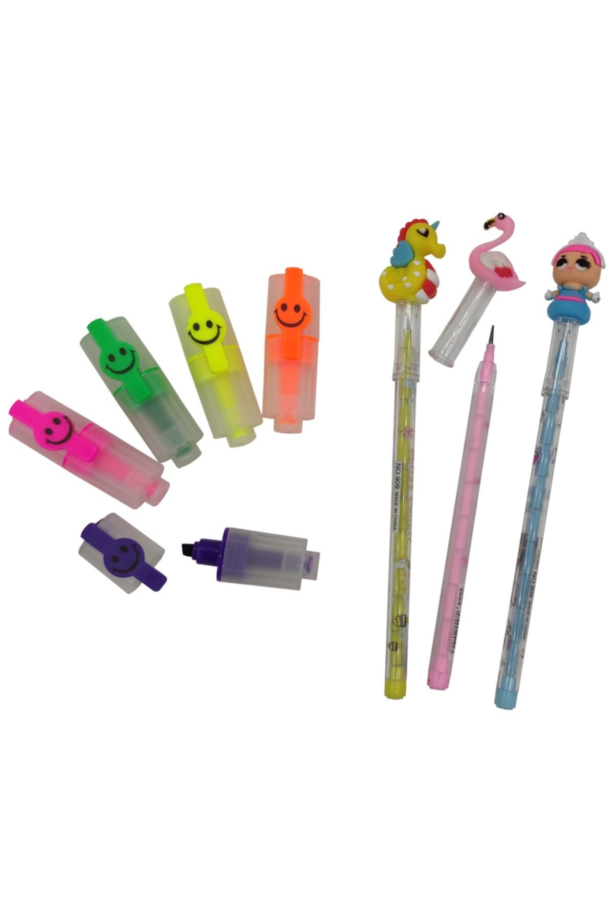 Kuki Uçlu Yumurtlayan Kurşun Kalemler Ve Mini Smiley Fosforlu Set ( 8 Parça )