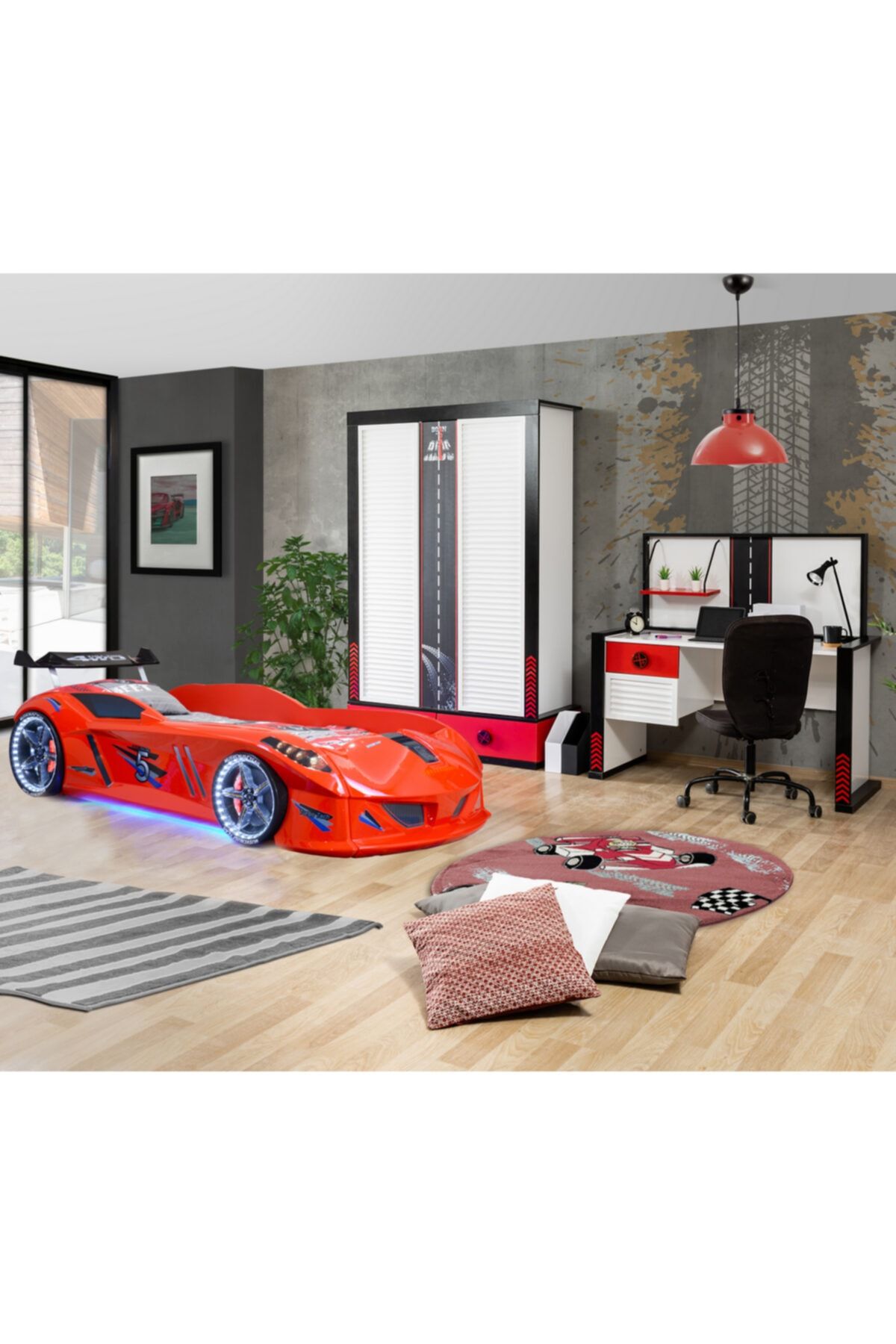 Setay Kırmızı Jaguar Full Ledli Arabalı Yatak Ralli Genç Odası Takım