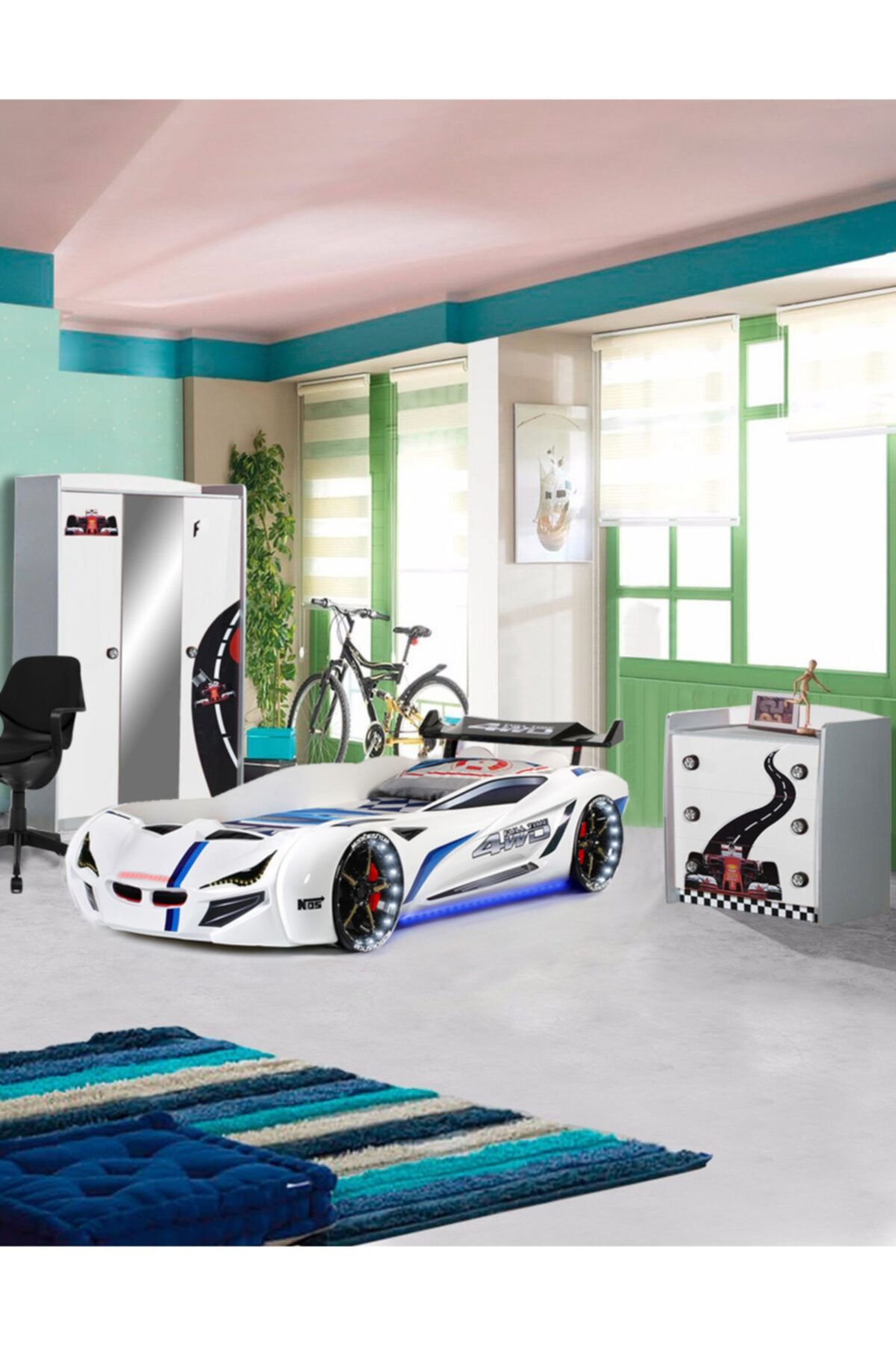 Setay Formula Genç Odası , Beyaz Mercedes Full Ledli Arabalı Yatak Takımı