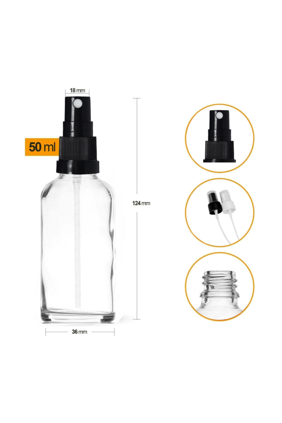 GALENİK Şeffaf Cam Şişe 50ml Siyah Sprey Başlıklı 48 Adet