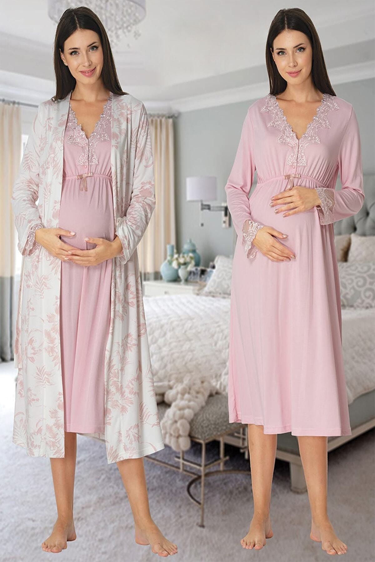 Effort Pijama Kadın Pembe Uzun Kollu Hamile Lohusa Sabahlıklı Gecelik Takımı 8095