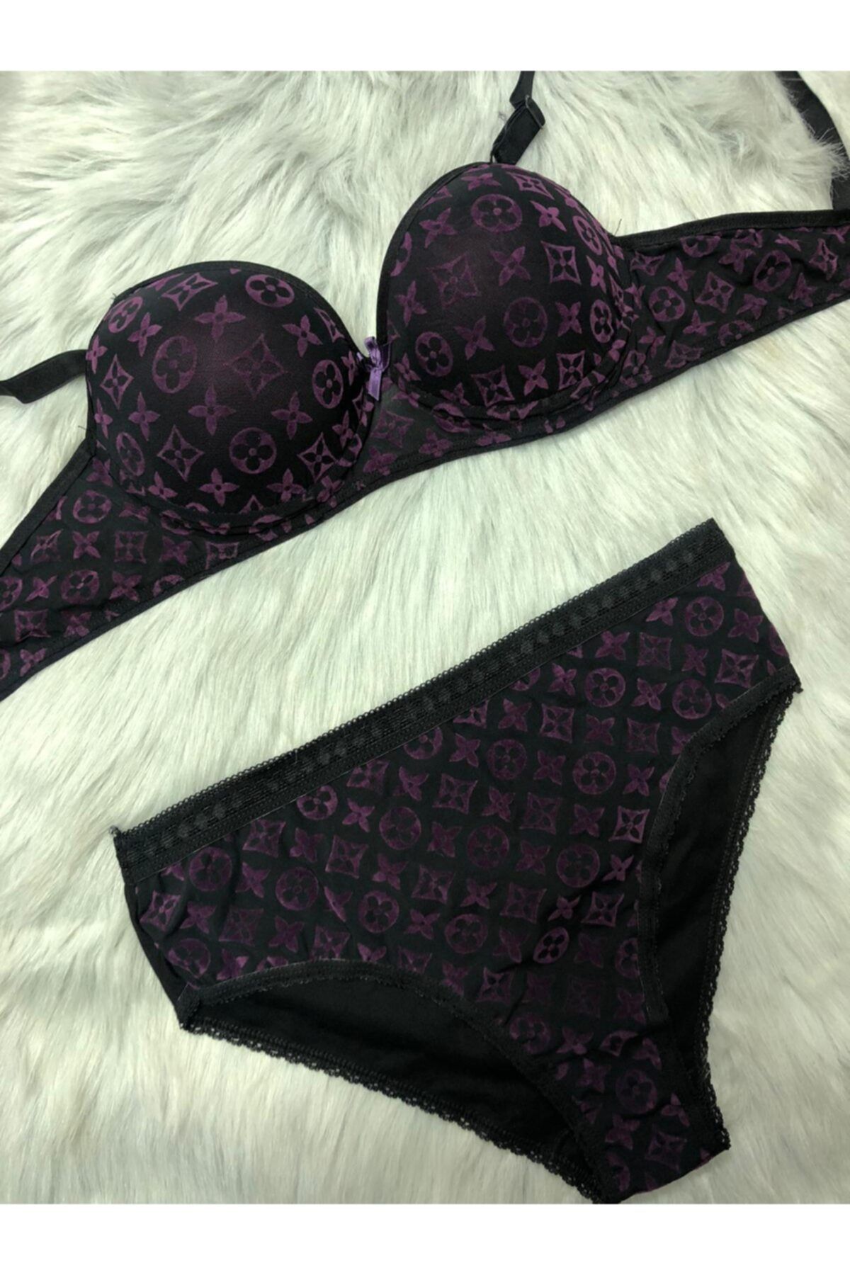 TALAS Kadın Siyah Mürdüm Bralet Takım Dolgulu Kadife Push Up Çeyizlik Sütyen Külot Takım