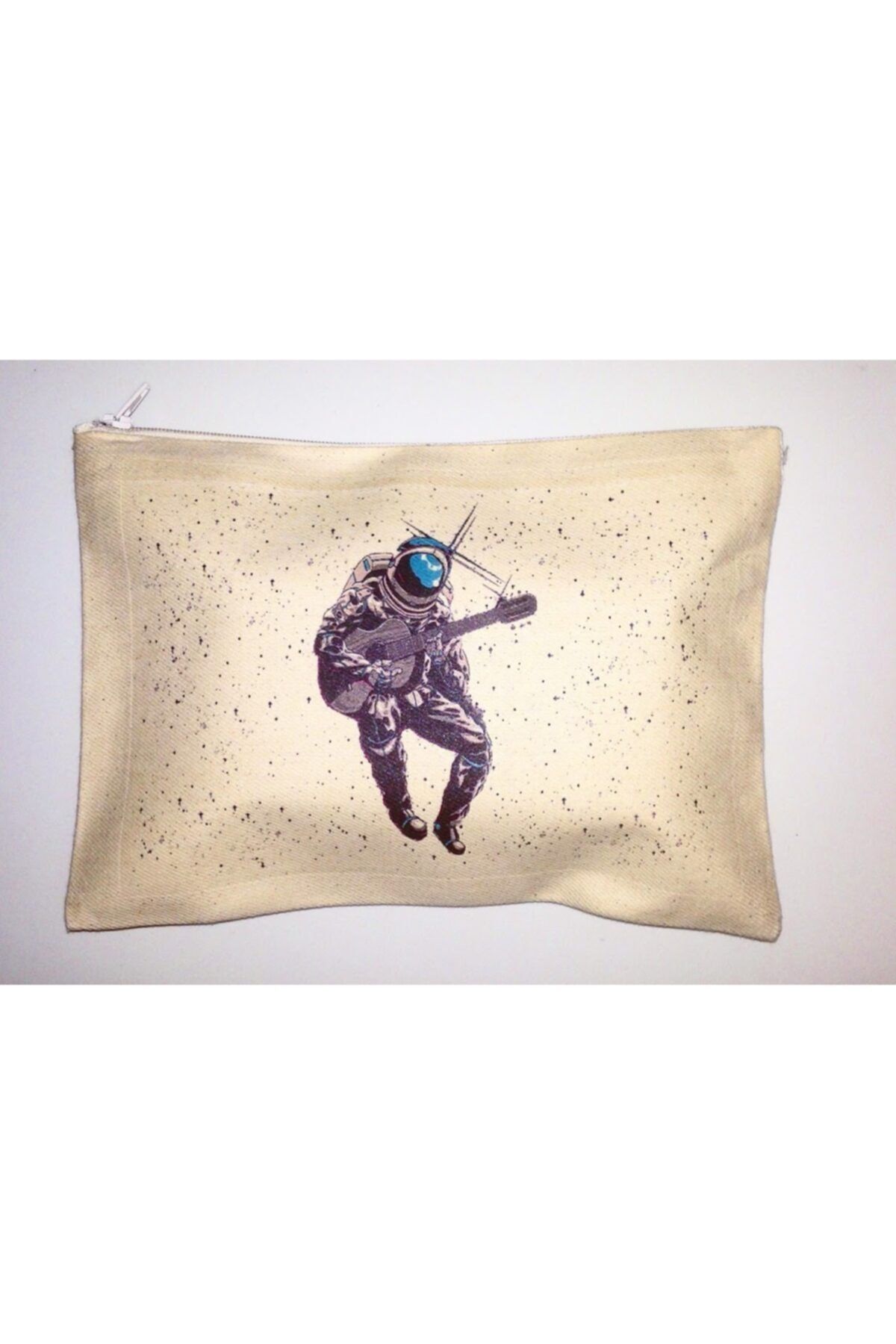 SAWCENT Kadın Bej Gitar Çalan Astronot Baskılı Makyaj Çantası 21x15 cm