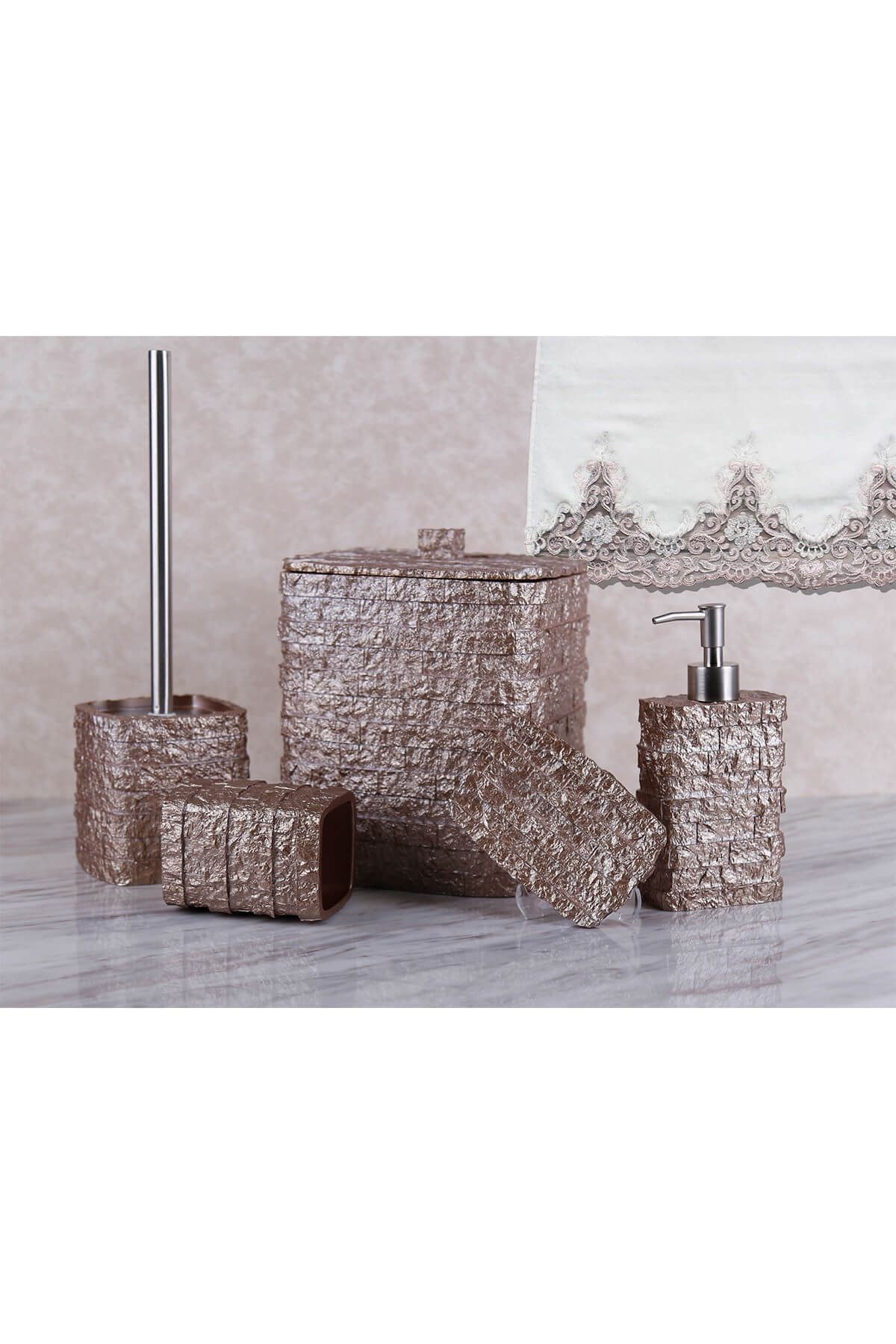 By Selim Stone 5 Parça Polyester Banyo Seti - Vizon