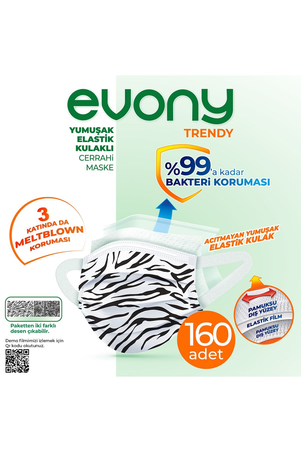 Evony Elastik Kulaklı Trendy Desenli Maske 160 Adet