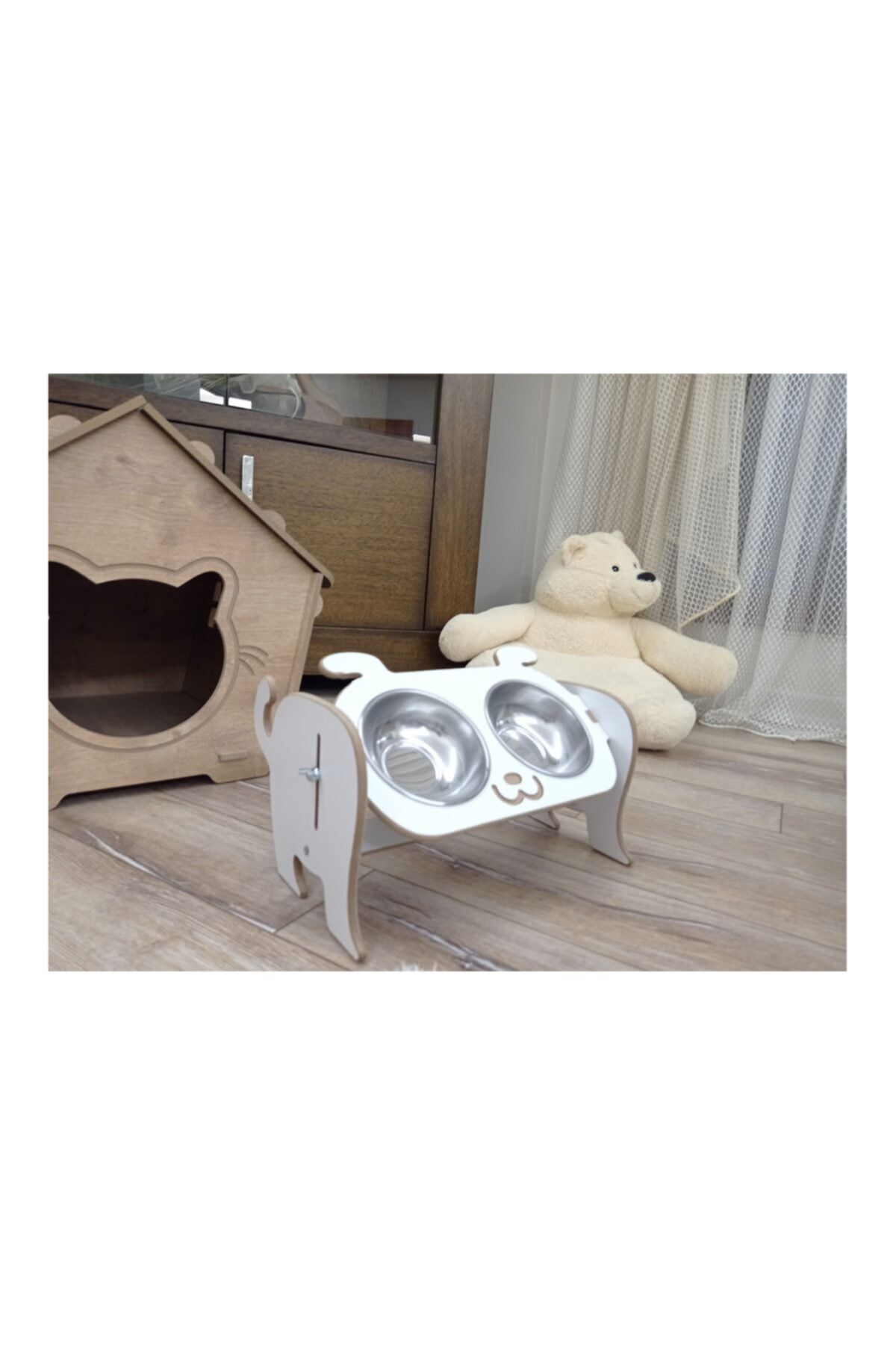 Magnettasarım Smiling World Beyaz Ayarlanabilir Ikili Kedi Mama Ve Su Kabı