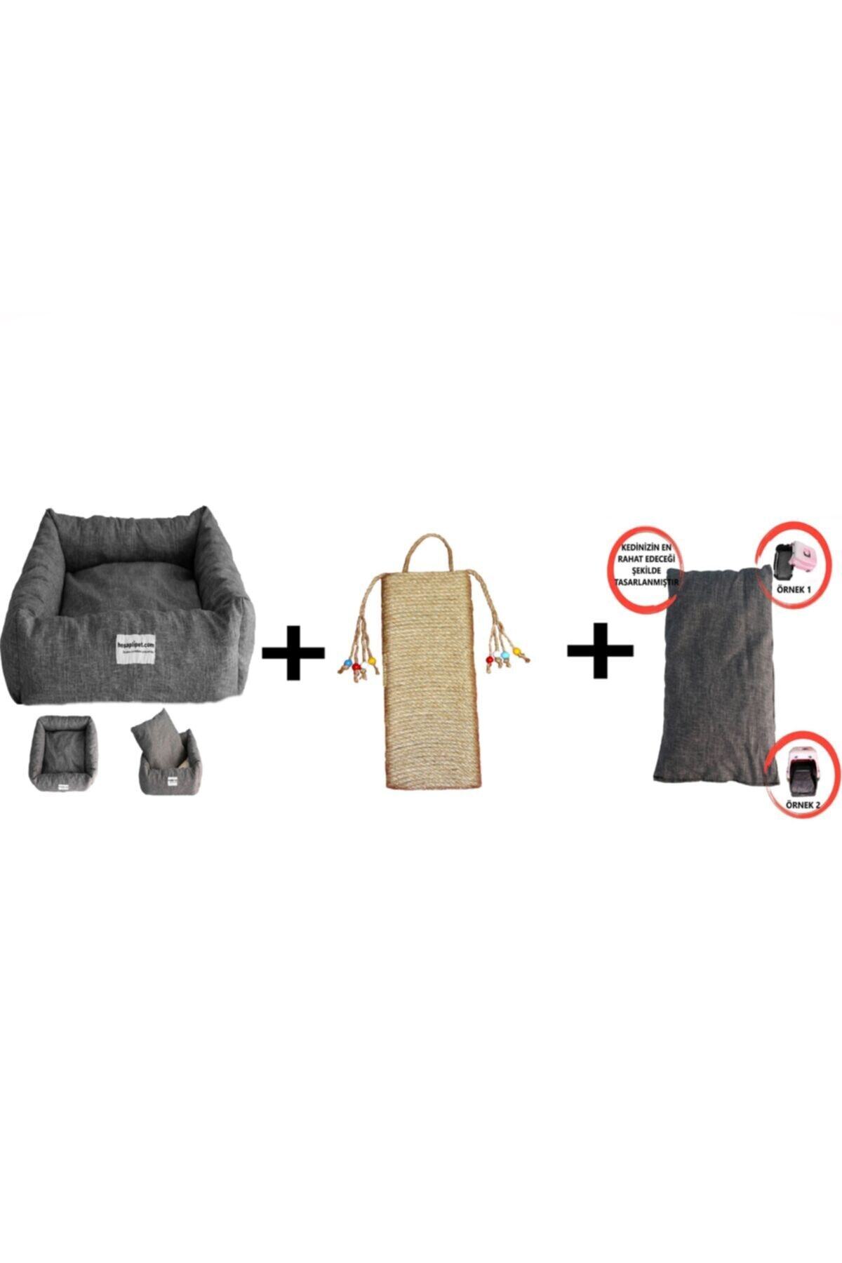 Hesaplı Pet Kedi Yatağı + 2 Fonksiyonlu Mini Kedi Tırmalama Tahtası + Box Minderi 3lü Set