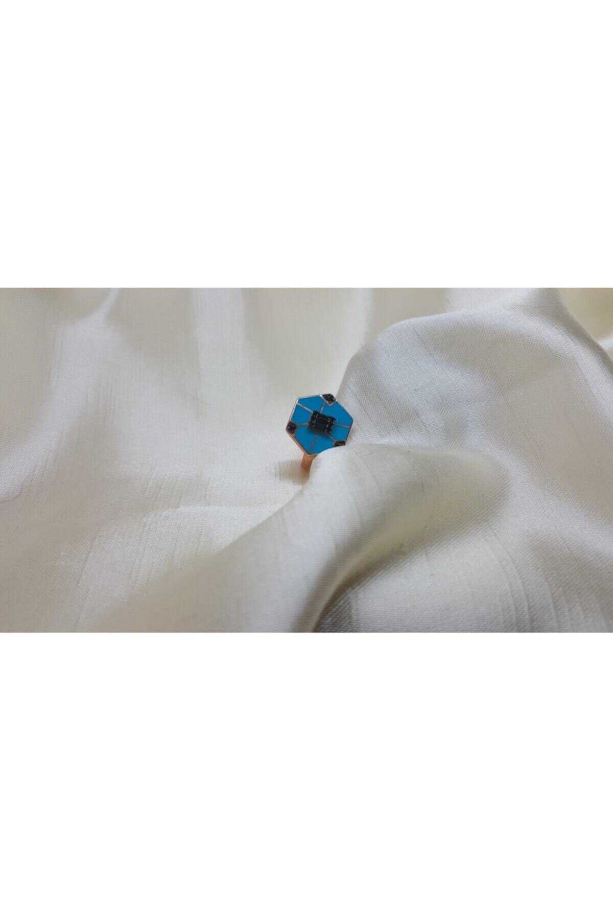 SEDA YALÇIN Mavi Mineli Siyah Zirkon Taşlı Rose Altın Kaplama Gümüş Yüzük