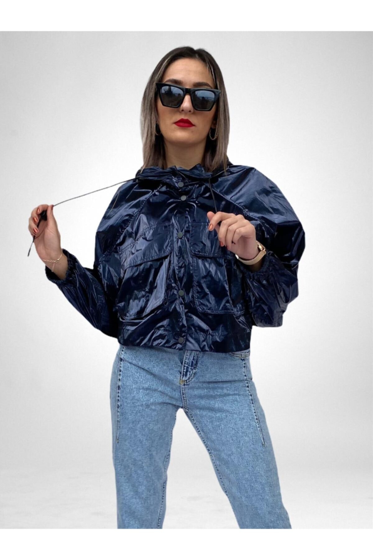 ky butikkk Kadın Lacivert Yağmurluk Reflektör Özellikli Bomber Ceket