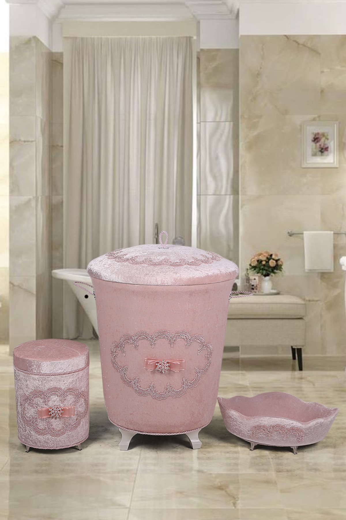 Bonny Home Galaxy Pudra 3lü Kadife Banyo Seti Güpürlü Kirli Çamaşır Sepeti Takımı