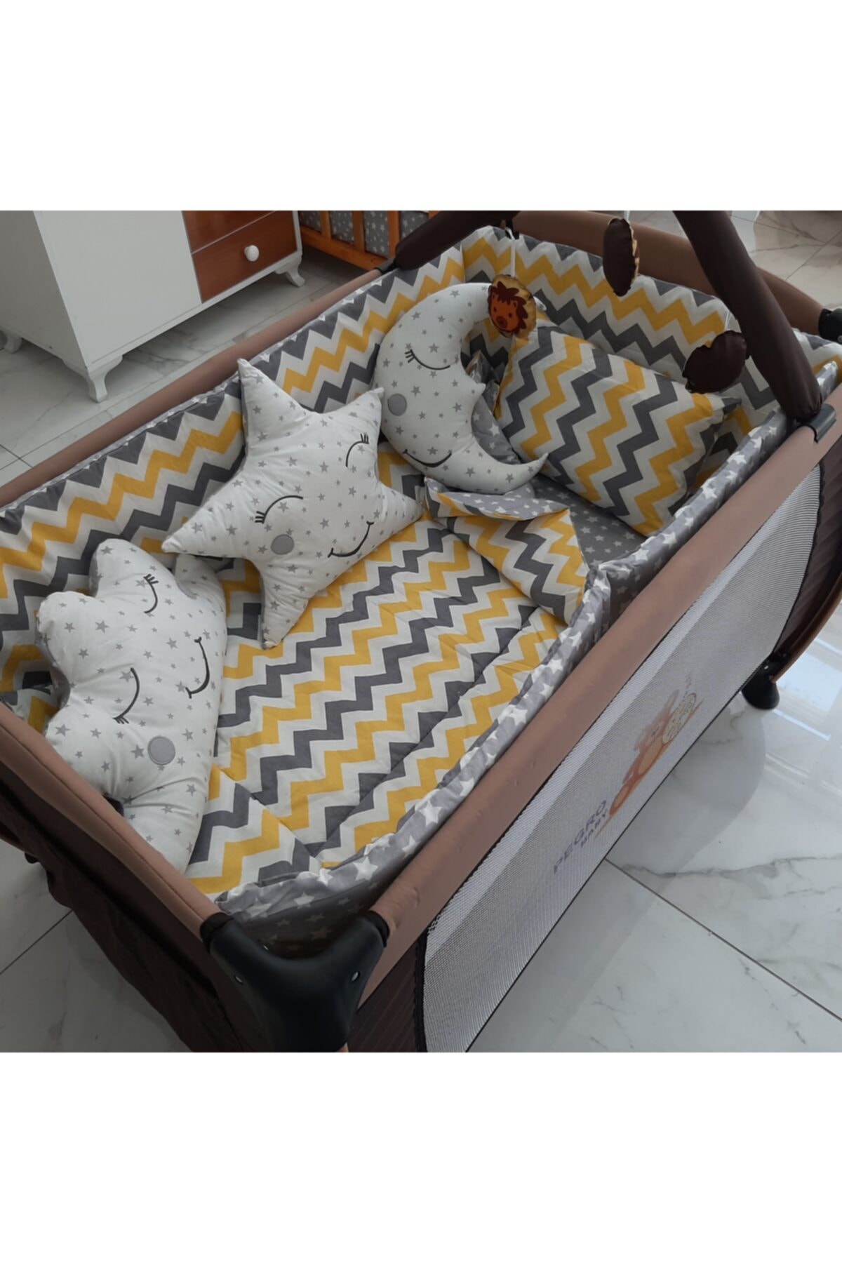 uykucubebe Park Beşik Sarı Gri Zikzak Desenli Bebek Uyku Seti (1634kombin) 70x110