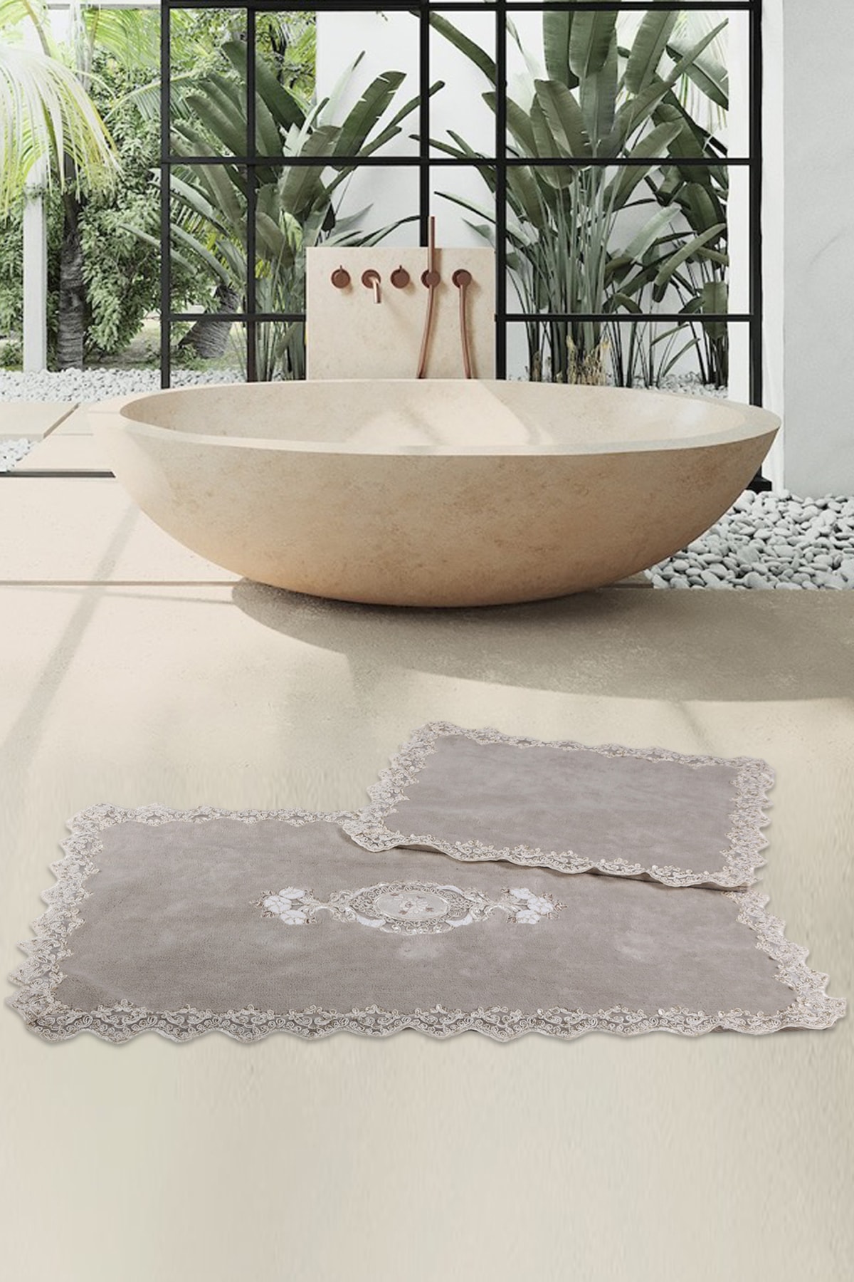 Bonny Home Cotton Lux Köşeli Kapuçino 2'li Pamuk Dantelli Klozet Takımı Çeyizlik Banyo Paspası Seti