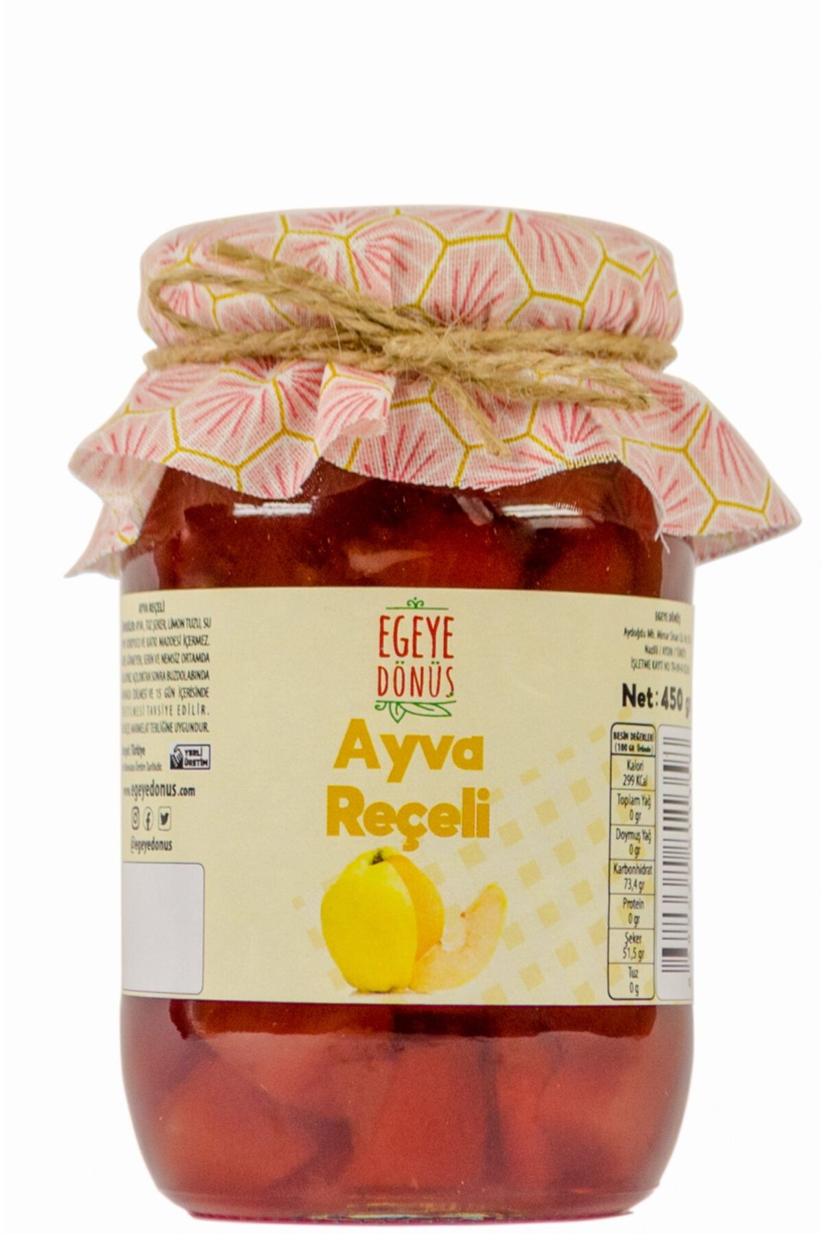 EGEYE DÖNÜŞ Evyapımı Geleneksel Ayva Reçeli Cam Kavanoz - 450 Gr. (%65-%70 MEYVE ORANI)