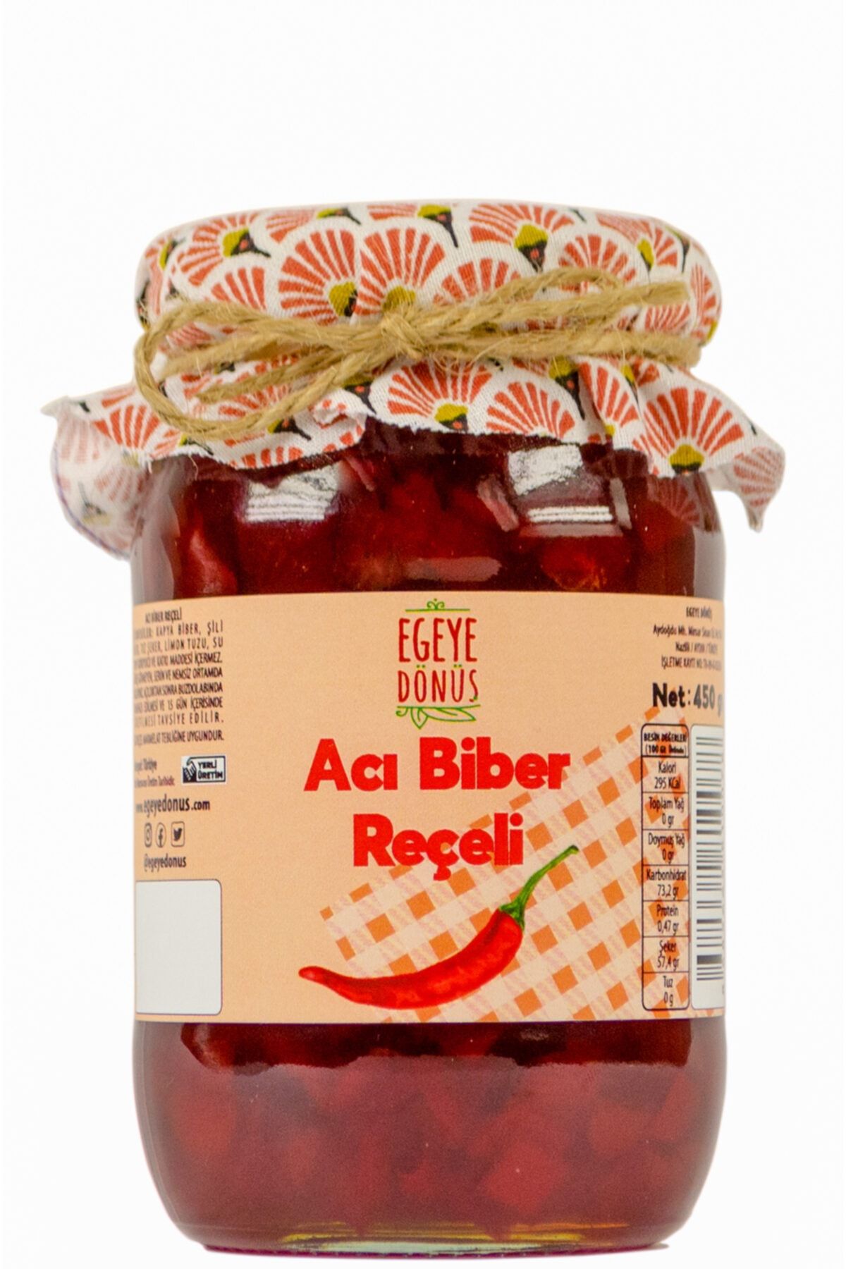 EGEYE DÖNÜŞ Evyapımı Geleneksel Acı Biber Reçeli Cam Kavanoz - 450 Gr. (%65-%70 MEYVE ORANI)