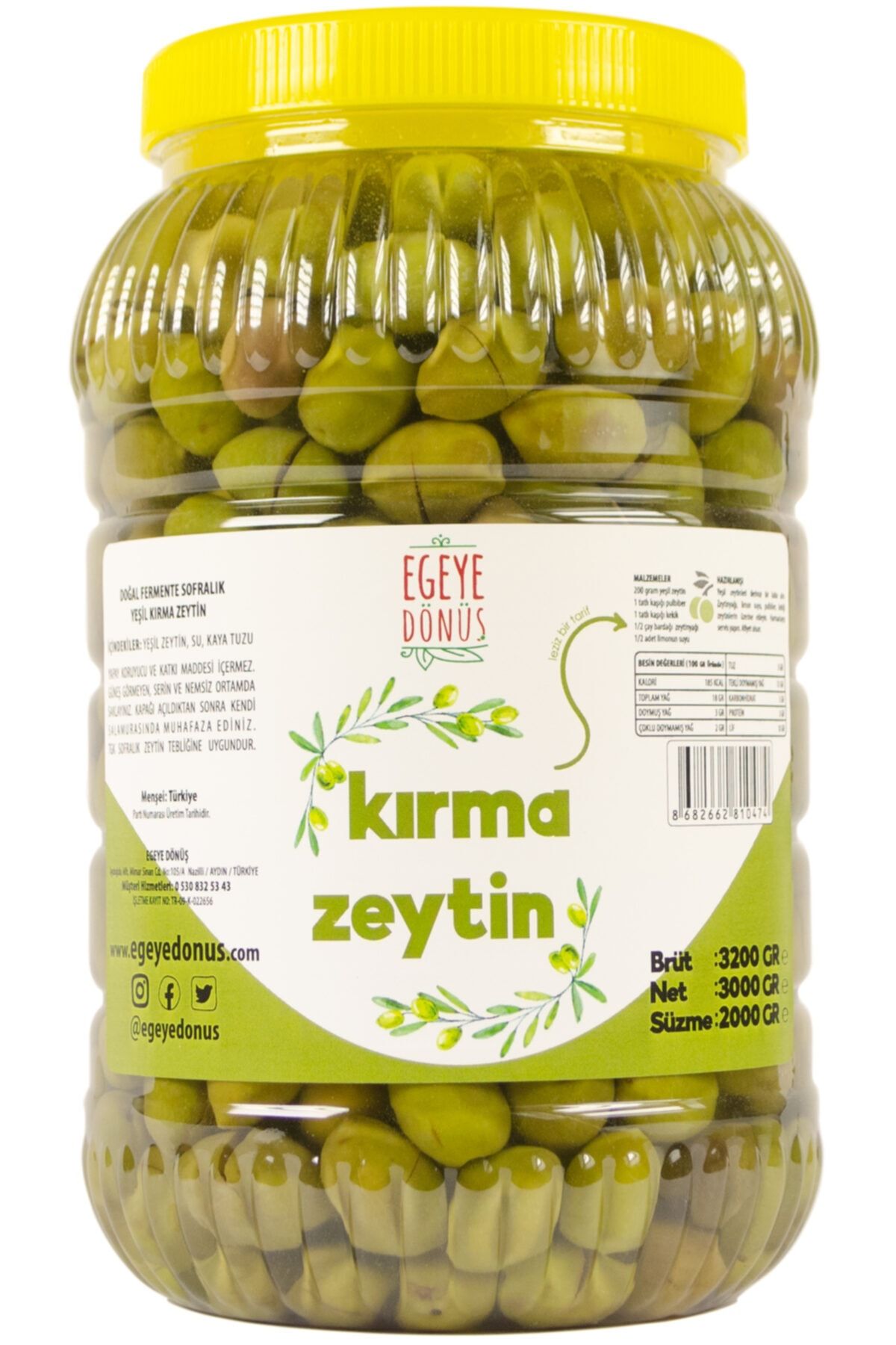 EGEYE DÖNÜŞ Ev Yapımı Geleneksel Yeşil Kırma Zeytin - (NATUREL SALAMURA SADECE KAYATUZU VE SU İÇERİR) 2 Kg.