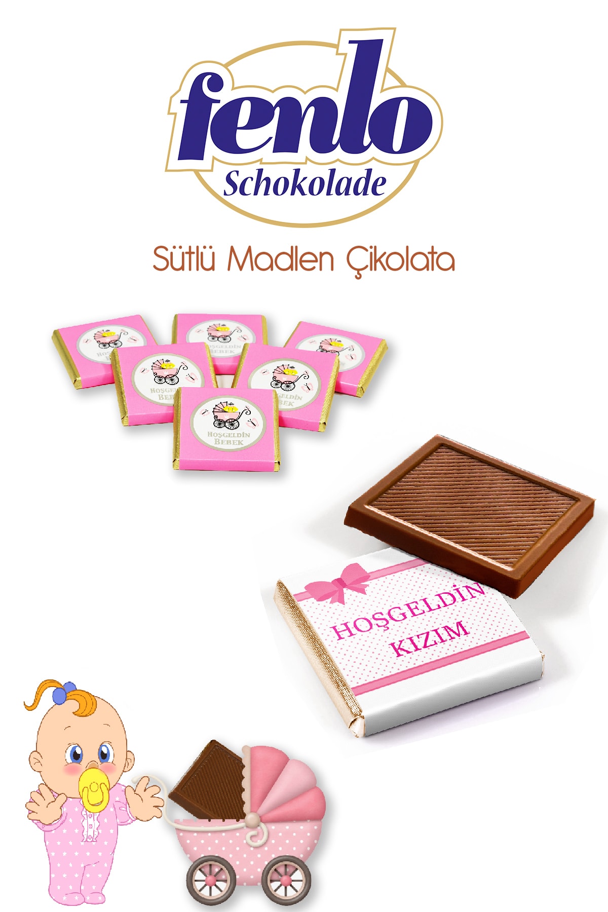 FENLO ÇİKOLATA 1000 gr Kız Bebek Temalı Sütlü Madlen Çikolata