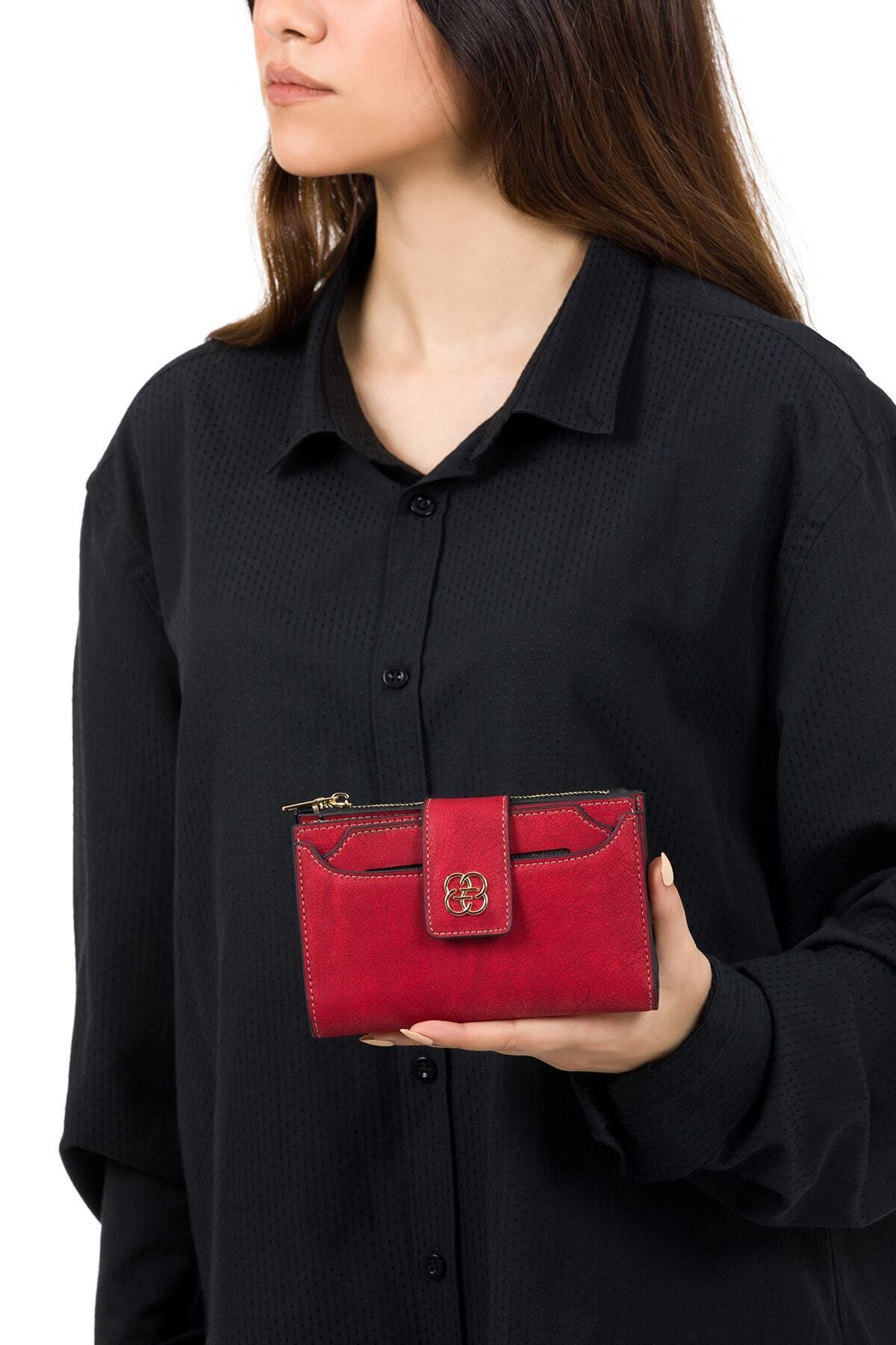 BAGzy Kadın Kırmızı Kartlıklı Patlı Mini Cüzdan