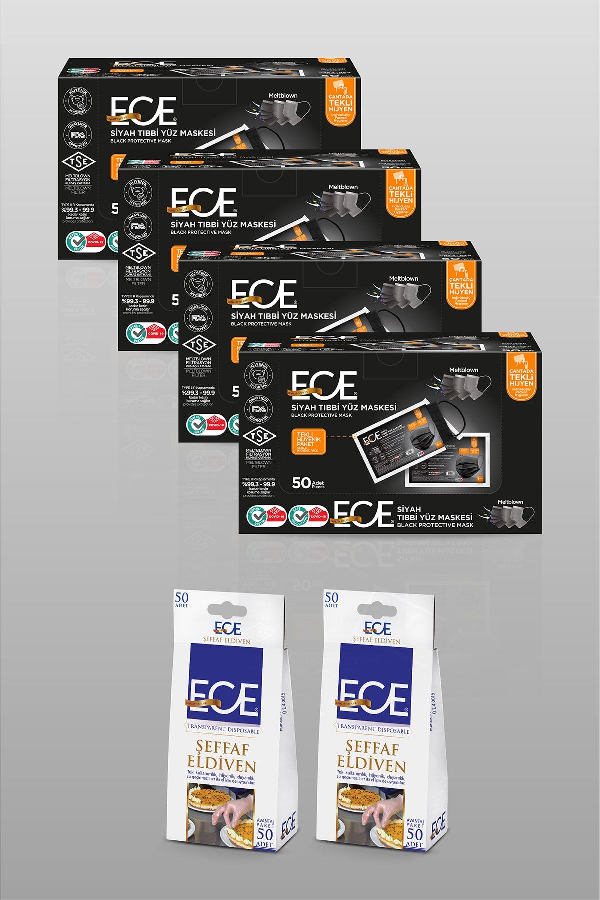 Ece Tek Tek Paketli Siyah Maske 200 Adet + 100 Adet Şeffaf Eldiven Seti