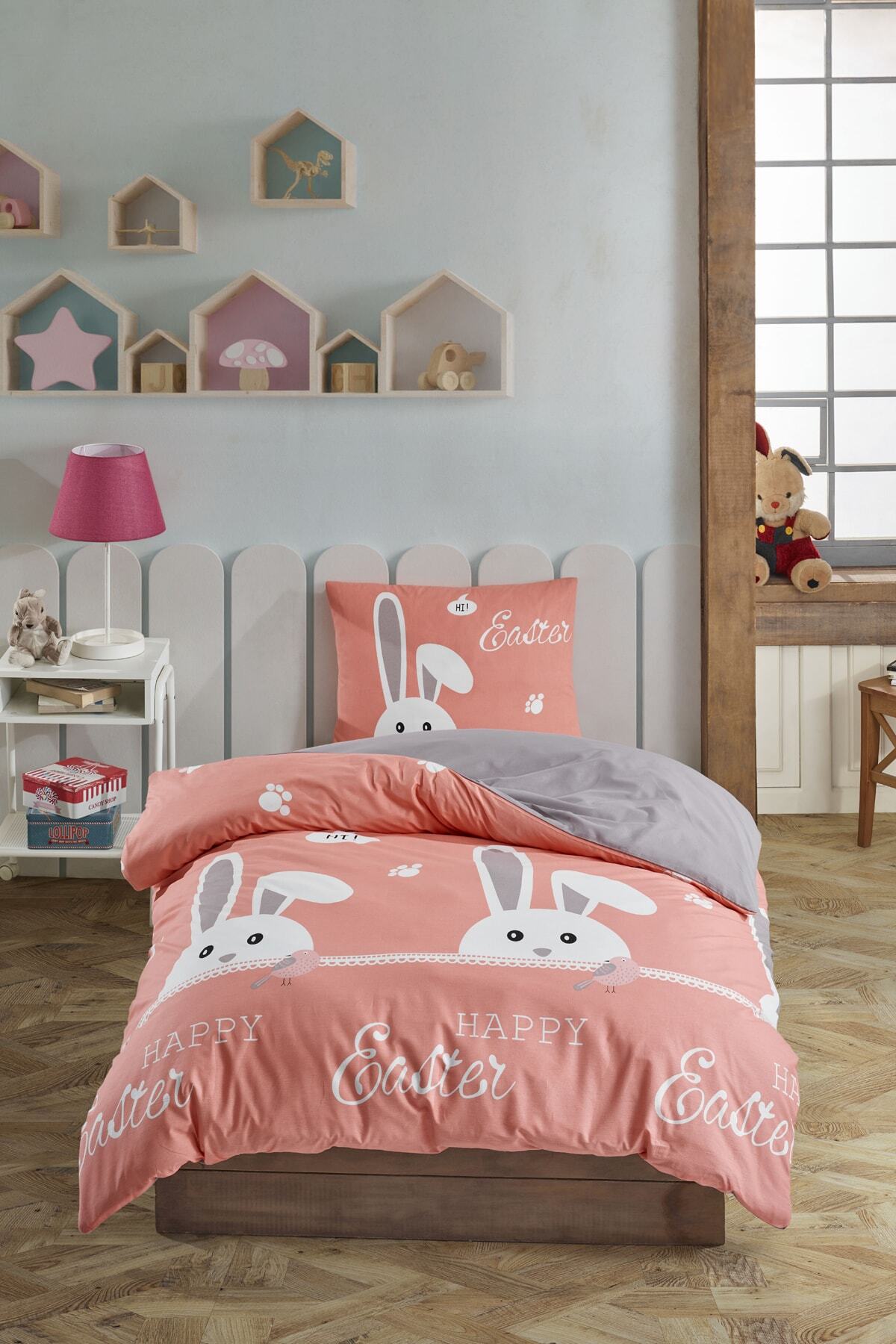 Enlora Home %100 Doğal Pamuk Nevresim Seti Tek Kişilik Kids Rabitto Pembe