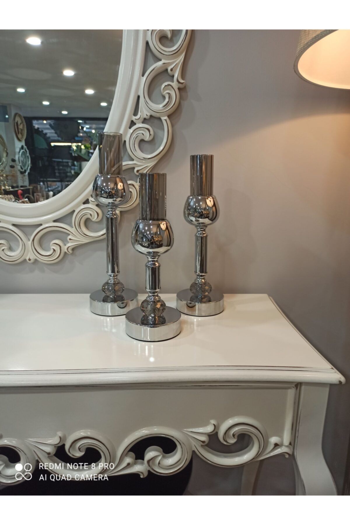 EFES HOME A Plus Füme Cam Gümüş 3 L Ü Şamdan Kristal Taşlı