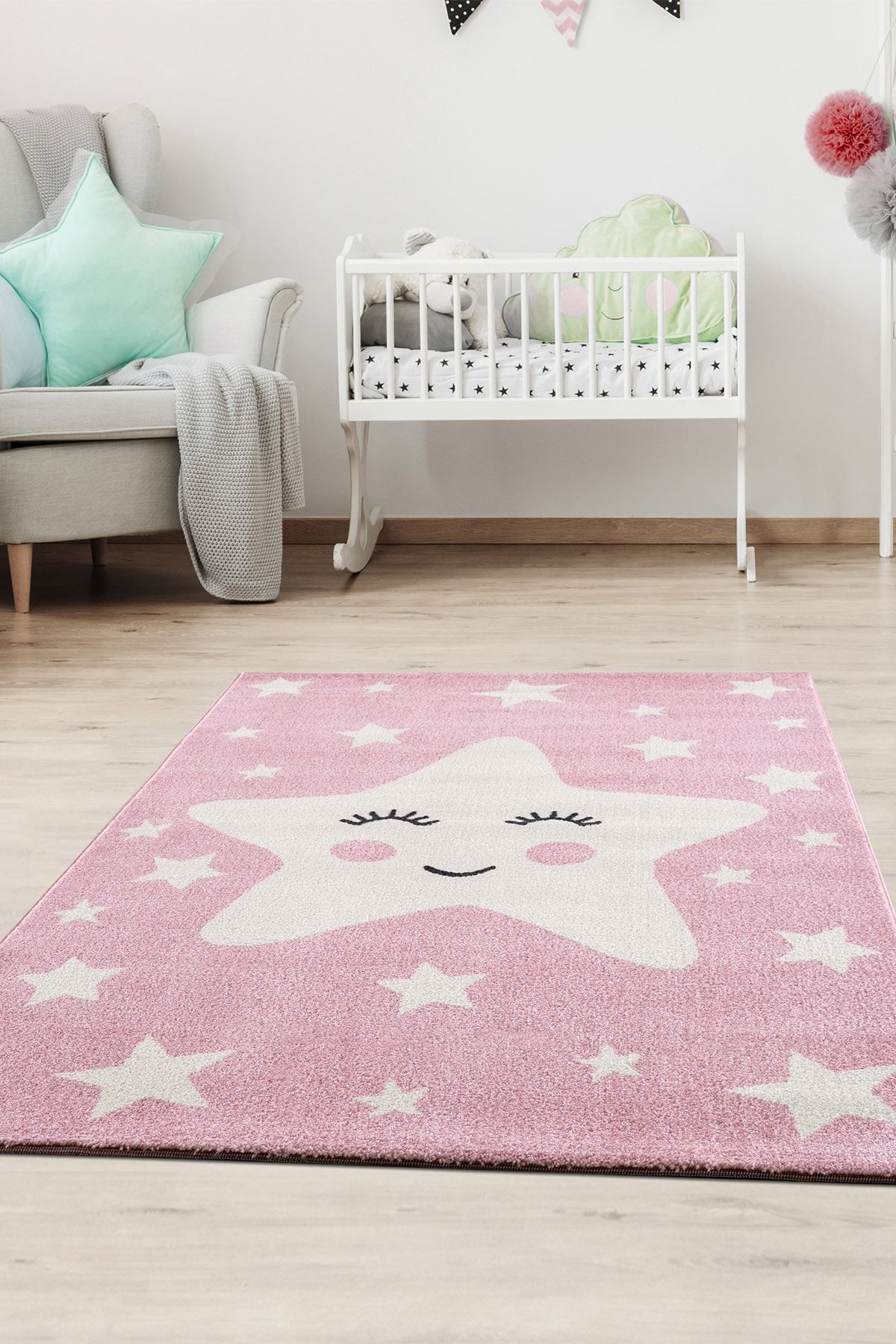 Eliz Home Pembe Yıldız Desenli Modern Makina Dokuma Kız Çocuk Odası Halısı
