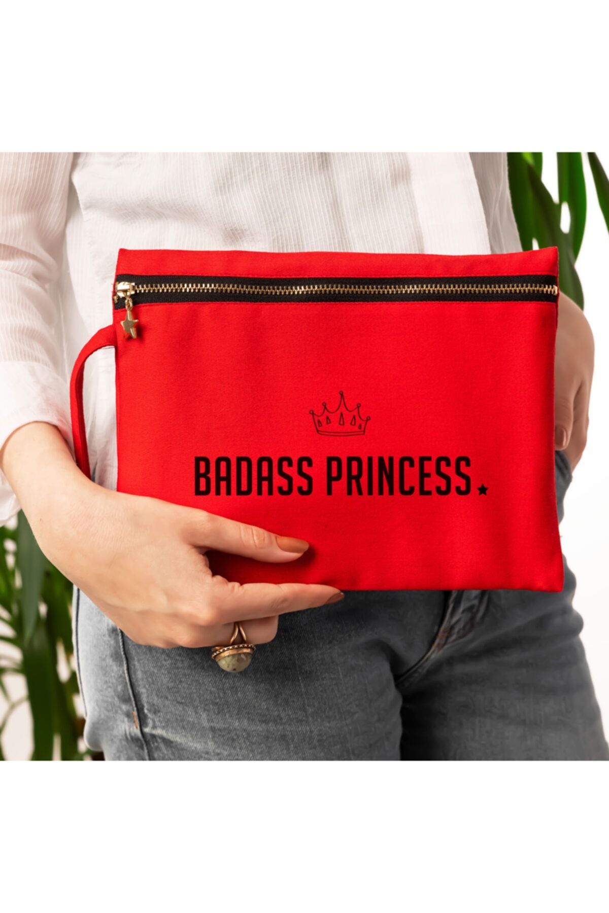 Hediyesepeti Kırmızı Renk Badass Princess Kanvas Makyaj Çantası