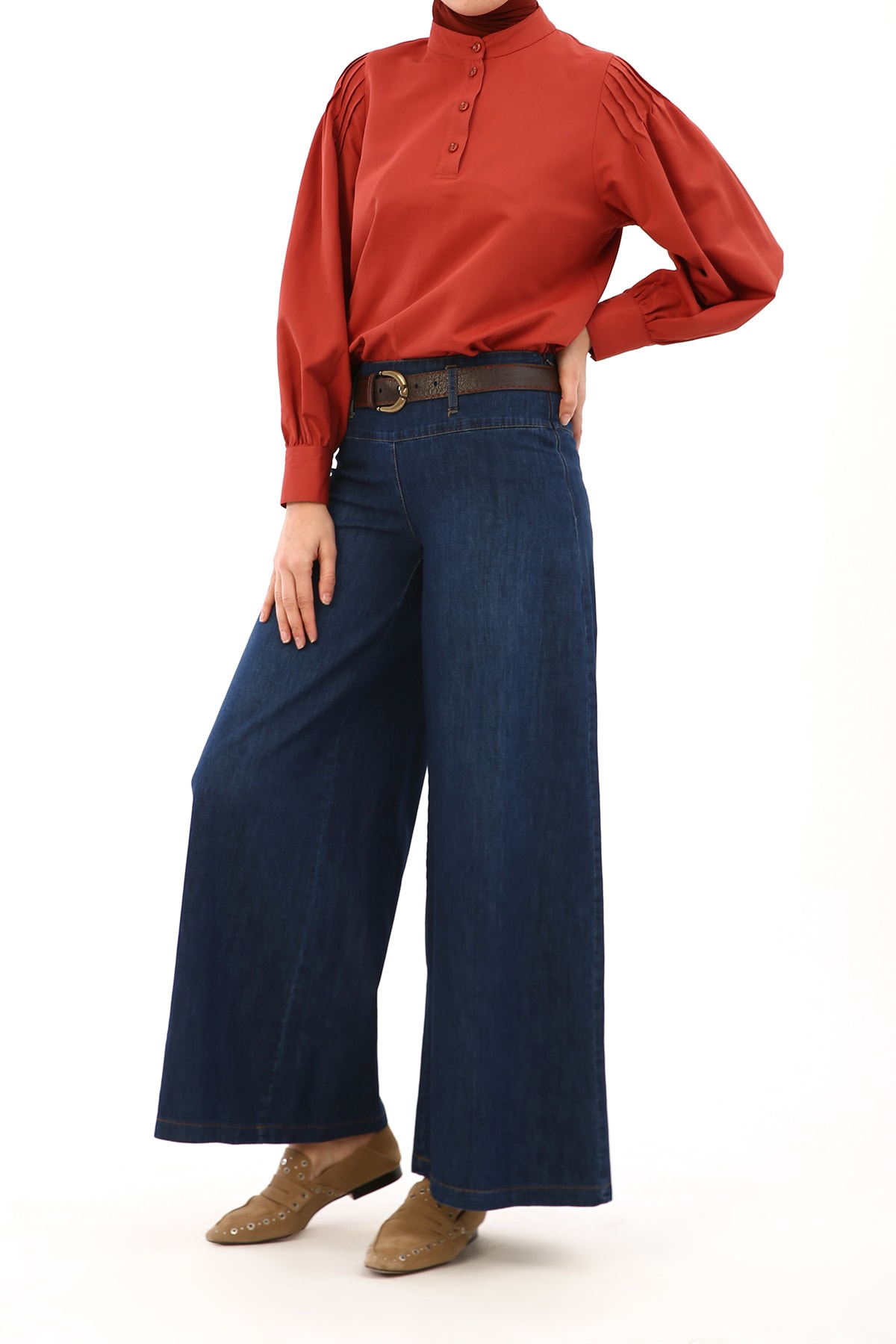 ALLDAY Koyu Mavi Bol Paça Kemerli Denim Pantolon