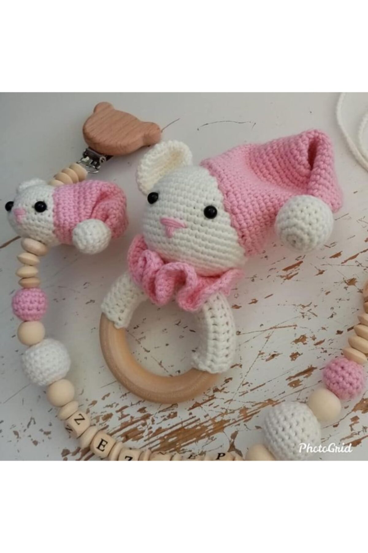 biricikkbebe Amigurumi Çıngırak Organik Oyuncak Ahşap Diş Kaşıyıcısı Ve Emzik Zinciri Bir Arada Set 6