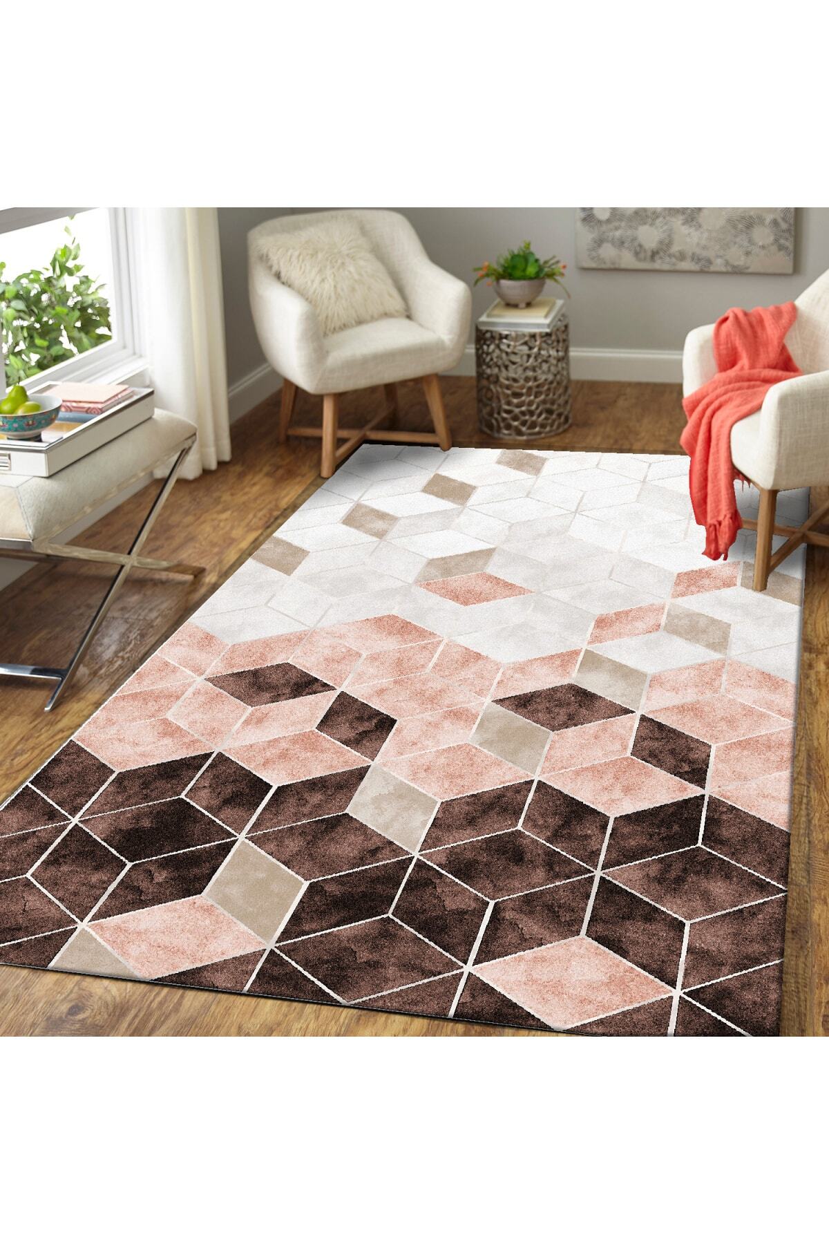 Sermod Pembe mKareli Küp Modern Kayamaz Süngerli Halı Örtüsü