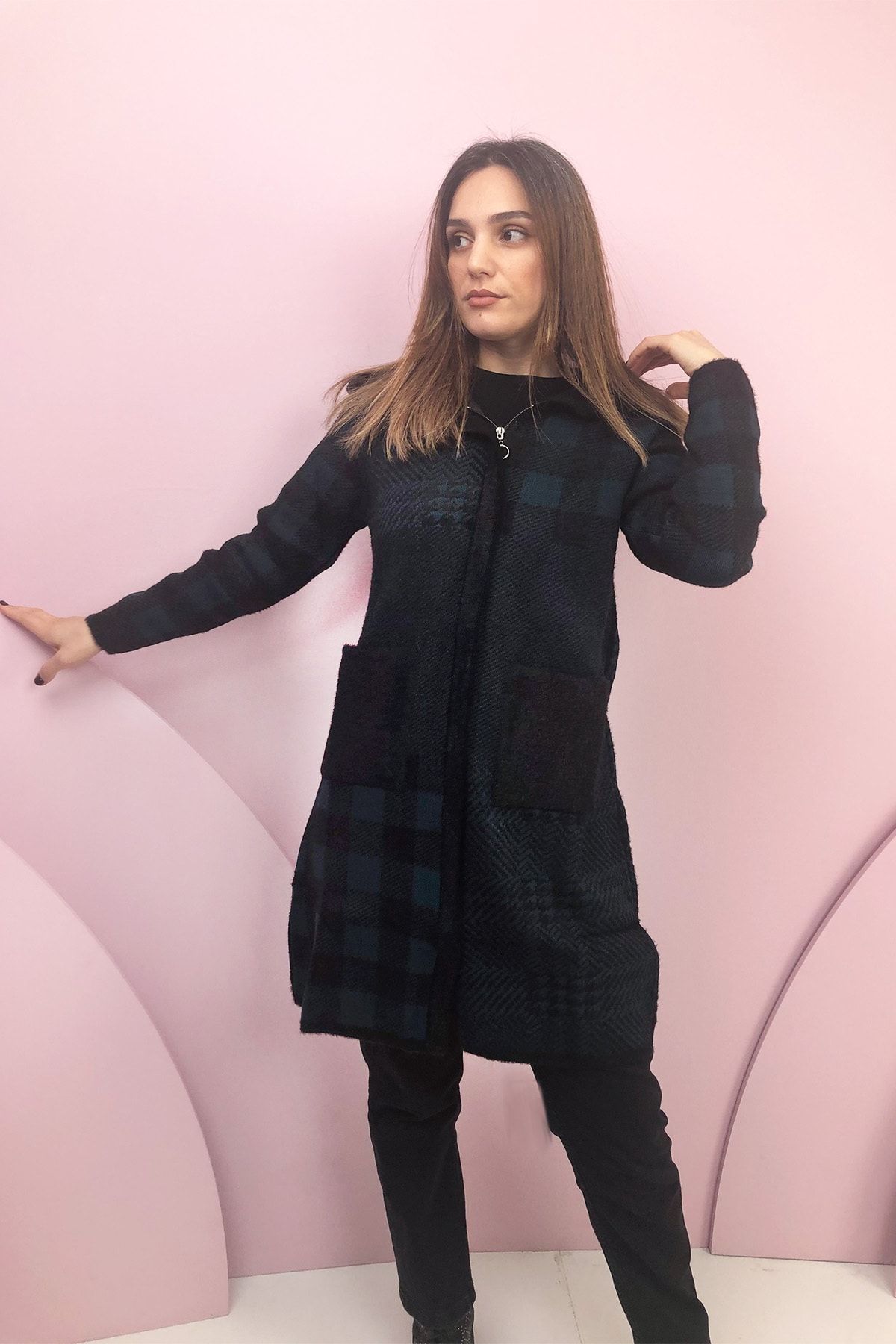 Uluda Triko Mother Plaid Patterned Winter Wool Knitwear Hooded