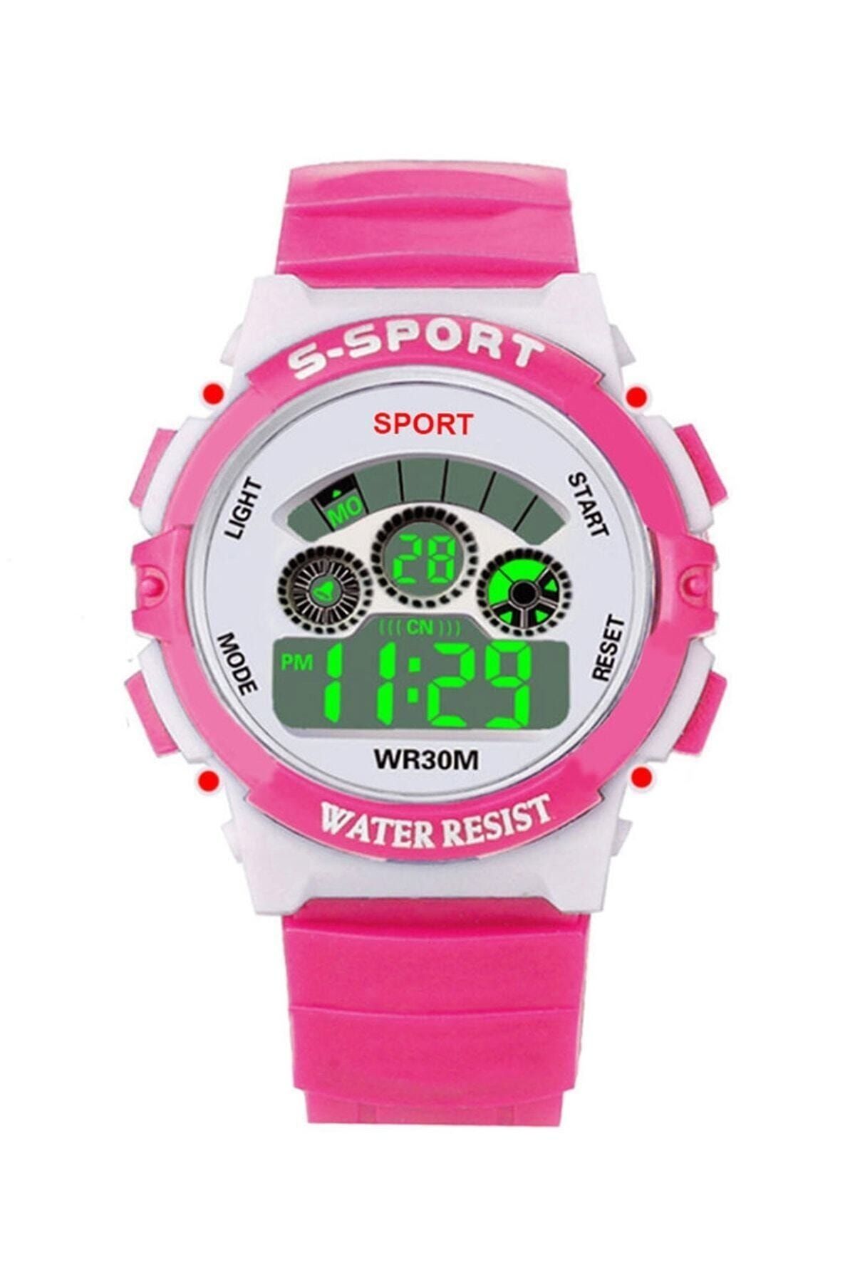 Dijital Pembe Spor Kız Çocuk Kol Saati Renkli Işık Kronometre