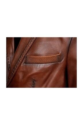Dikiş Detaylı Düğmeli Kahverengi Renk Erkek Deri Mont Blazer Image 2