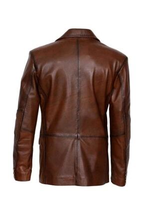 Dikiş Detaylı Düğmeli Kahverengi Renk Erkek Deri Mont Blazer Image 4