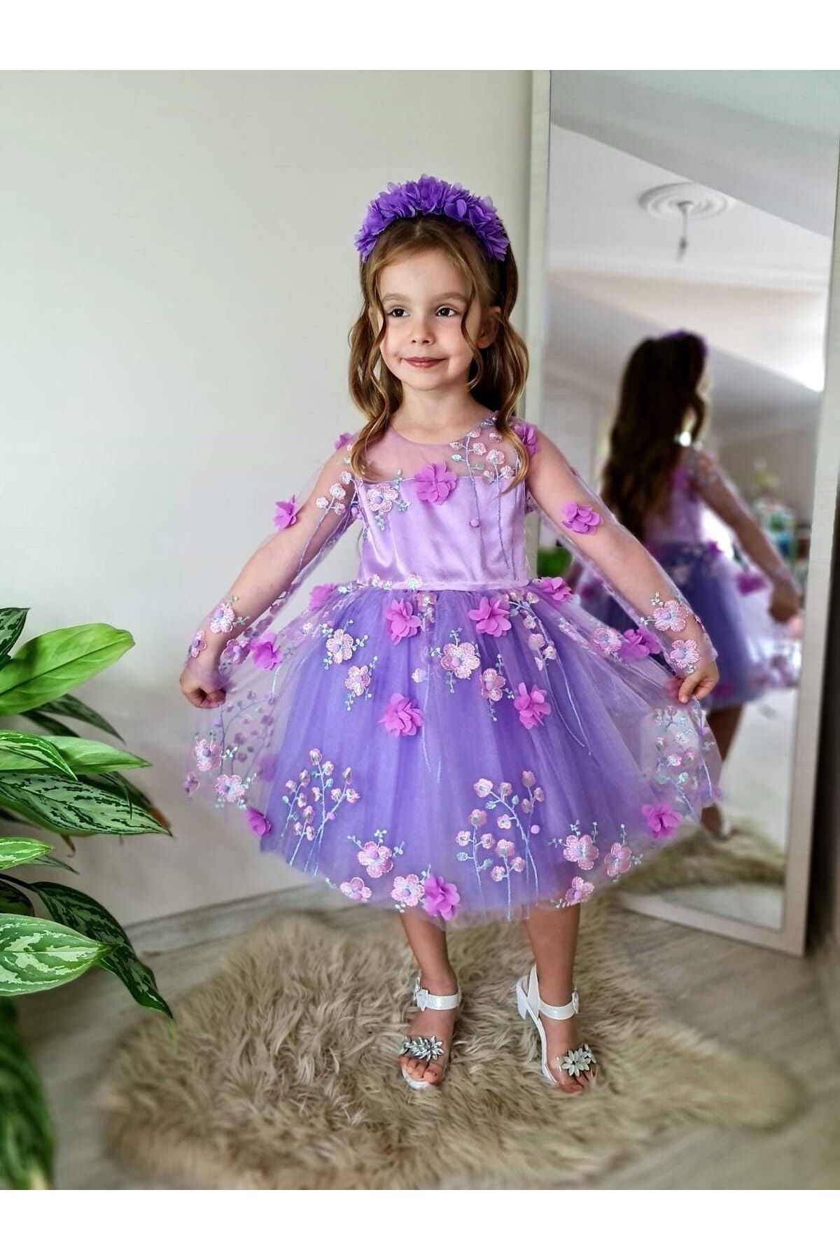 Sare ocuk Giyim Girl s Purple Floral Design Party Dress Buckle