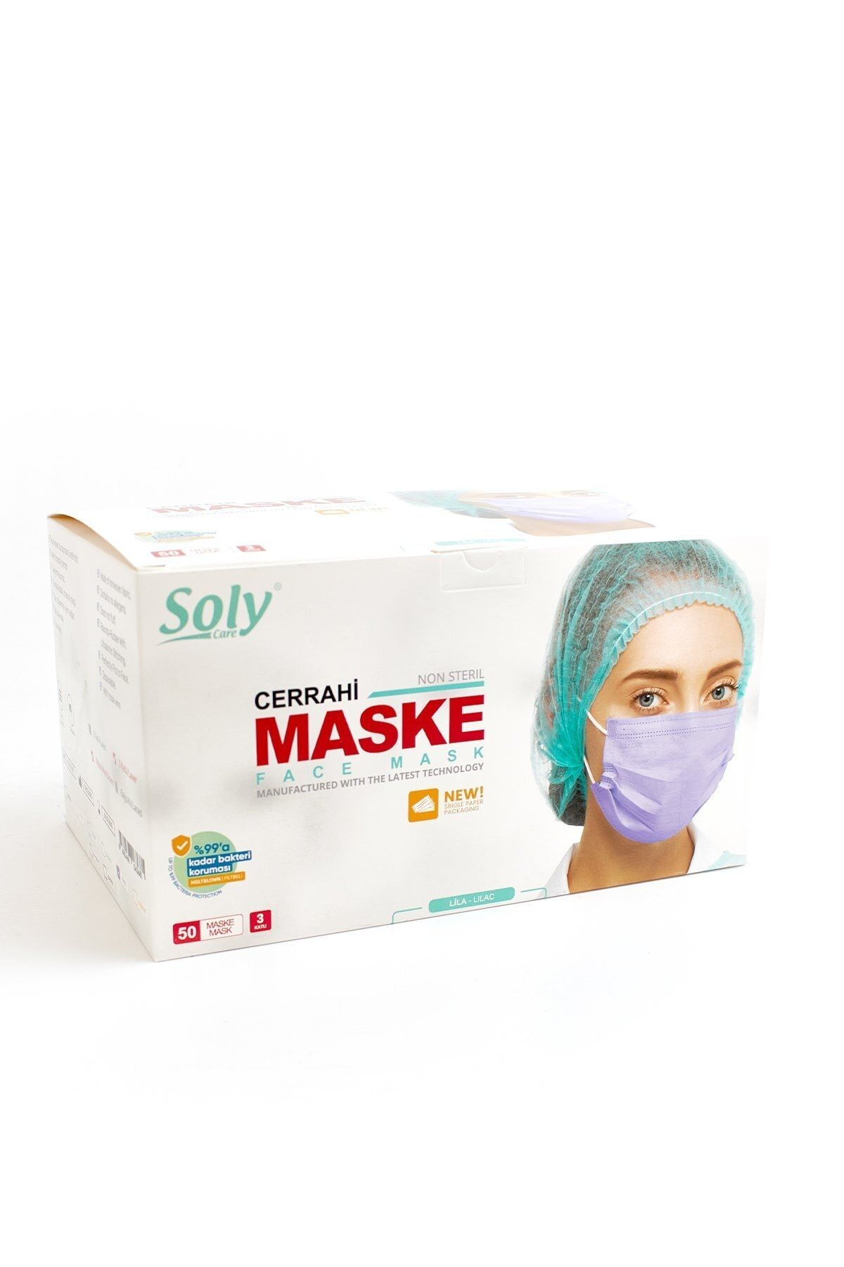 soly care 3 katli tekli kagit ambalajli meltblown telli cerrahi lila maske 50 li fiyati yorumlari trendyol