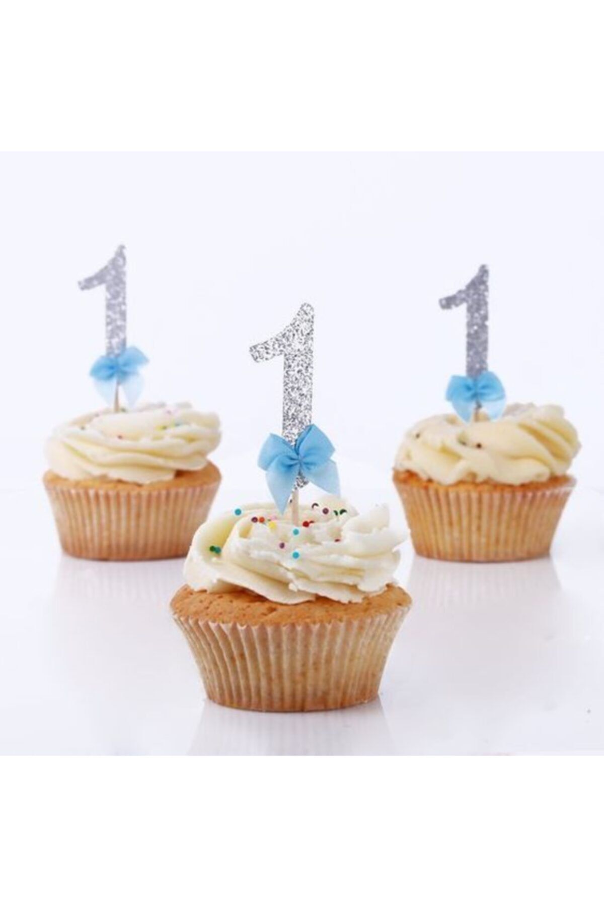 Colorofstory Gümüş Renk Mavi Kurdela Detay 1 Rakamı 8'li Cupcake Çubuk Süsleri