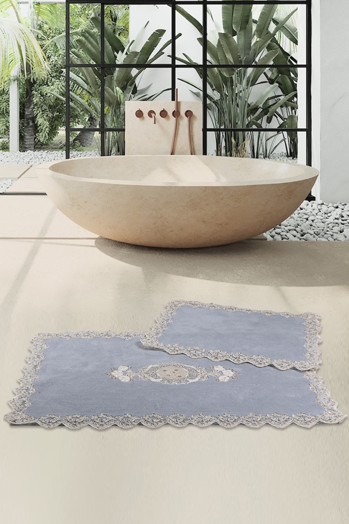 Bonny Home Cotton Lux Köşeli Gri 2'li Pamuk Dantelli Klozet Takımı Çeyizlik Banyo Paspası Seti