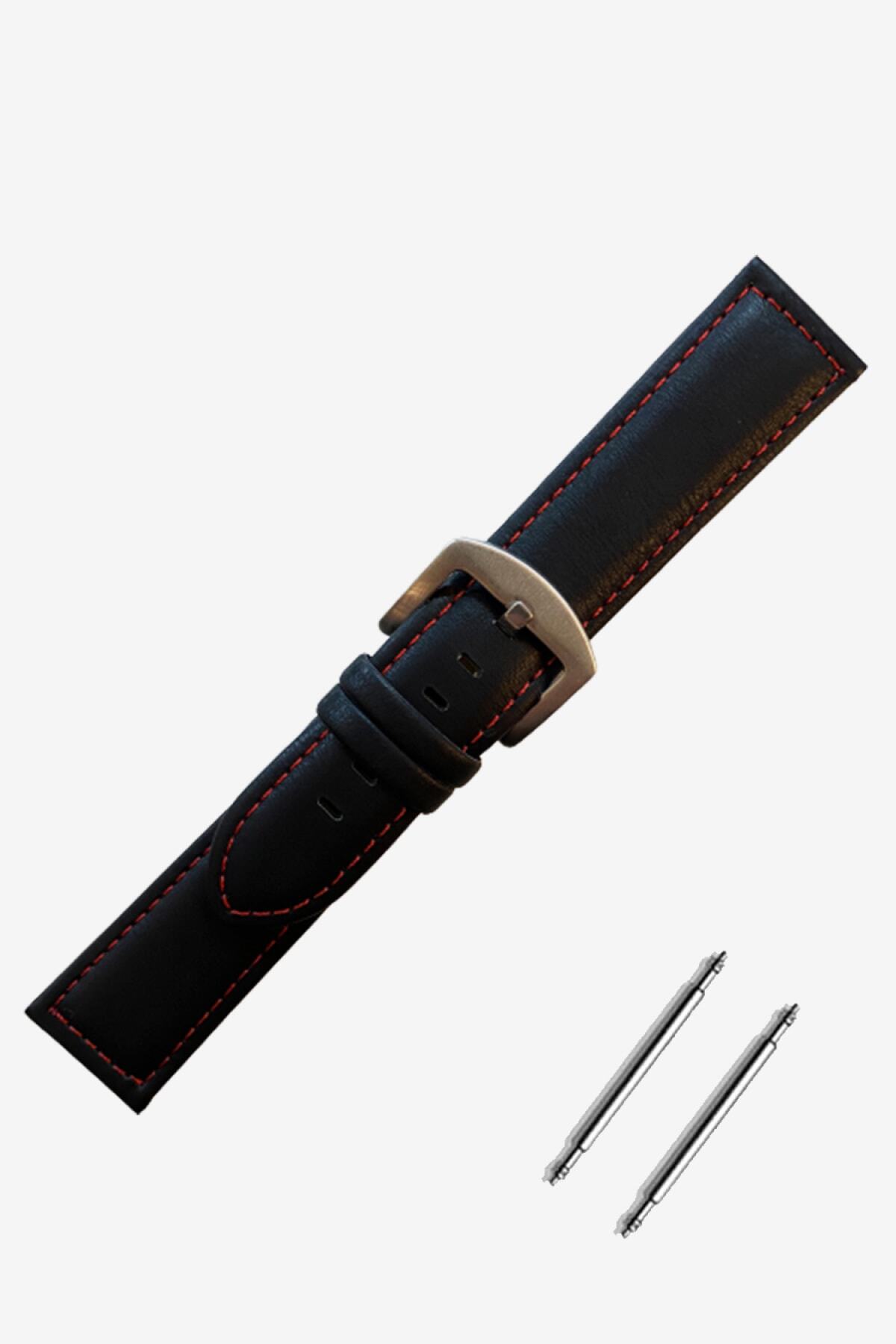 Trendburada Emporio Armani 24mm Saat Uyumlu Siyah Renk Kırmızı Dikişli Deri Saat Kordonu Kayışı