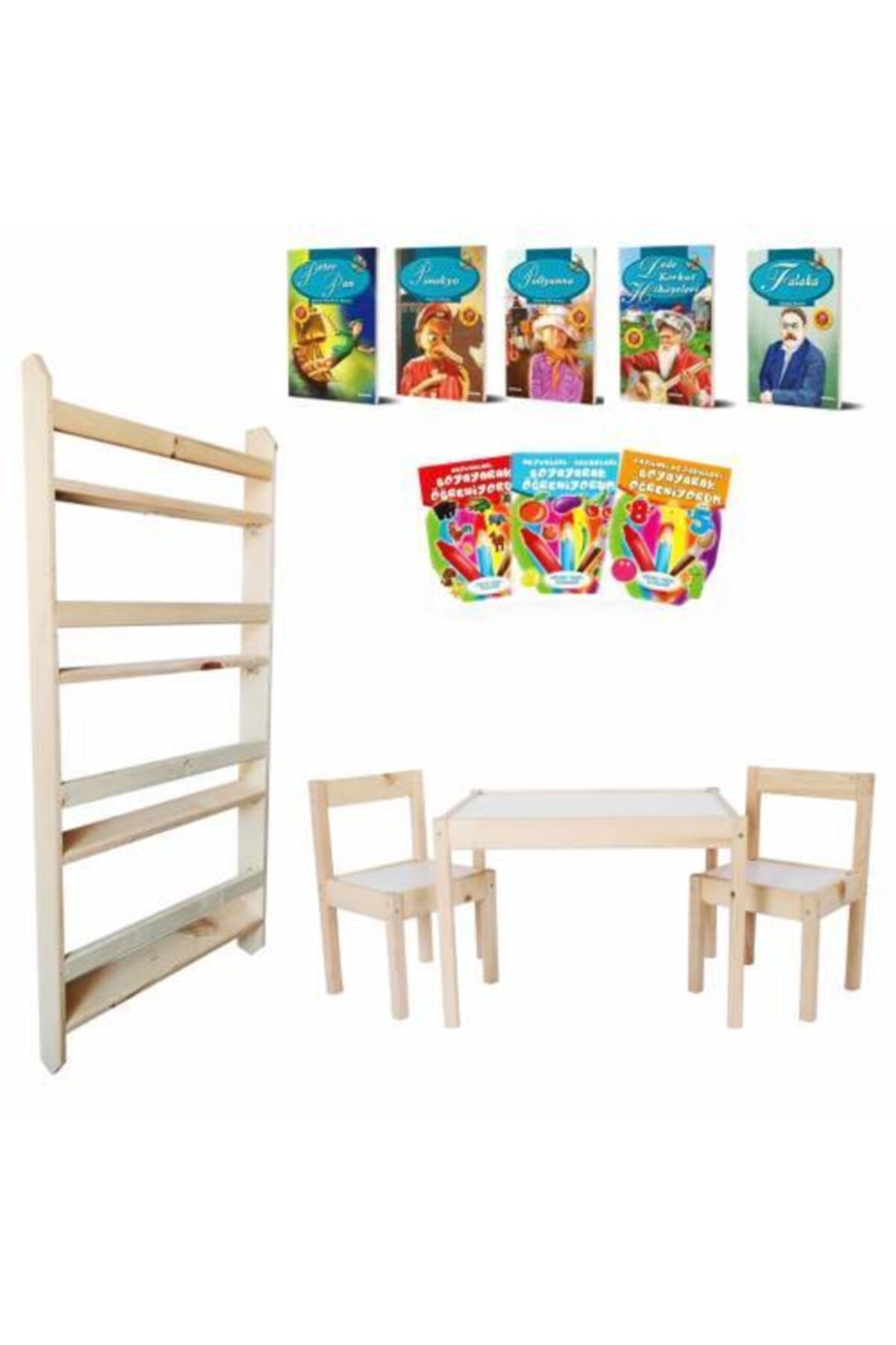 Mashotrend Ahşap Çocuk Masası + Ahşap Çocuk Kitaplığı - Montessori Ahşap Kitaplık +temel Eserler +boyama Kitabı