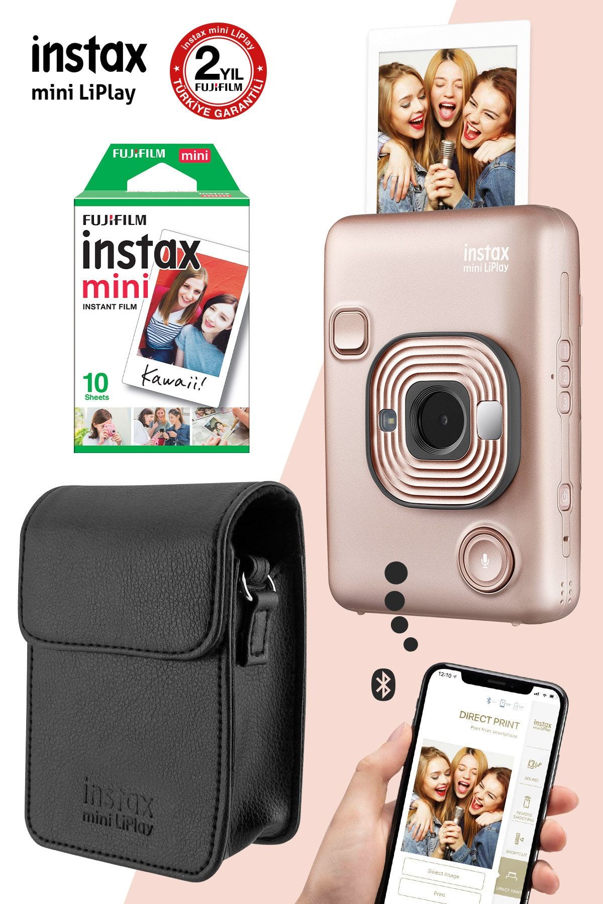 Fujifilm Instax Mini Liplay Hybrid Blush Gold Fotoğraf Makinesi Çantalı Hediye Seti 3