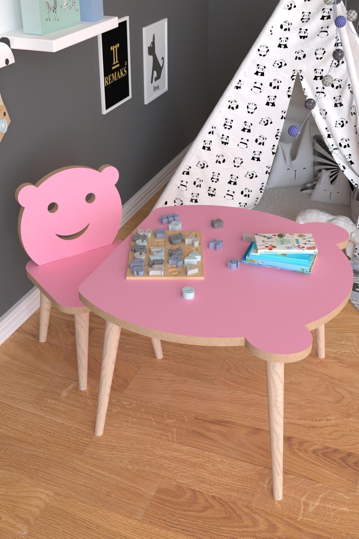 Remaks Panda Yaz Sil Yüzey Çocuk Masa Sandalye Takımı 1 Aktivite Oyun Masası 1 Sandalye - Pembe