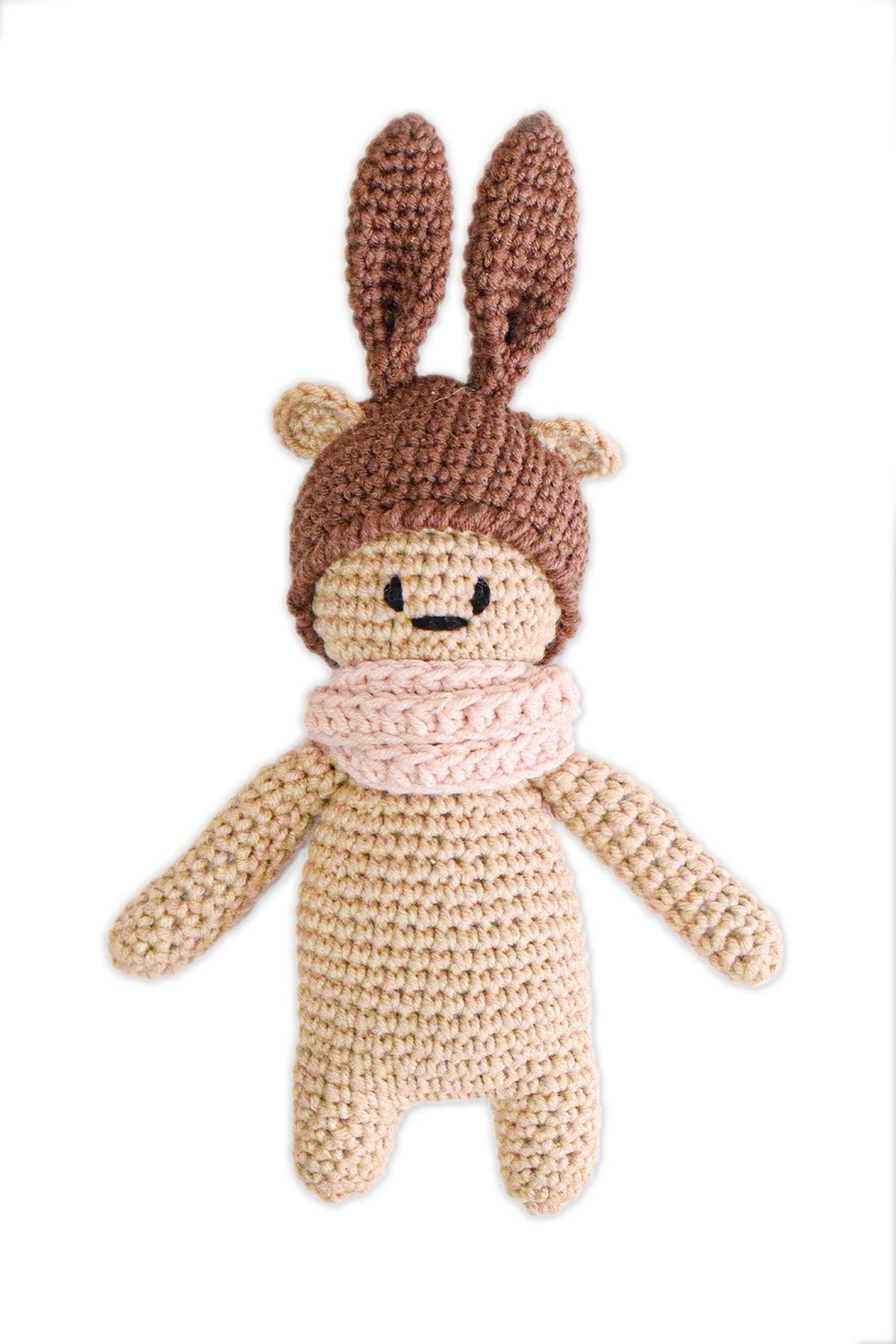 Enjoymydesign Tavşan Şapkalı Ayıcık Uyku Arkadaşı Pembe Atkılı 21cm Örgü Oyuncak