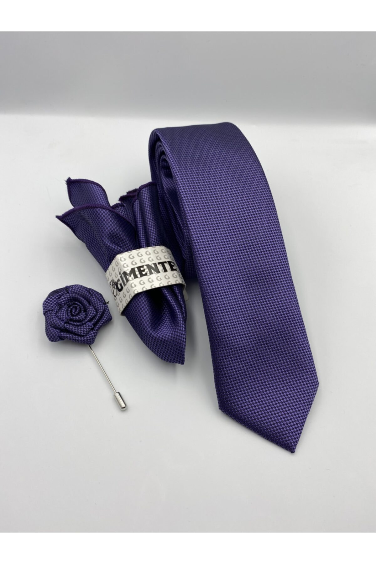 by Gimente Mor Armürlü Mendilli Çiçek Kravat Set