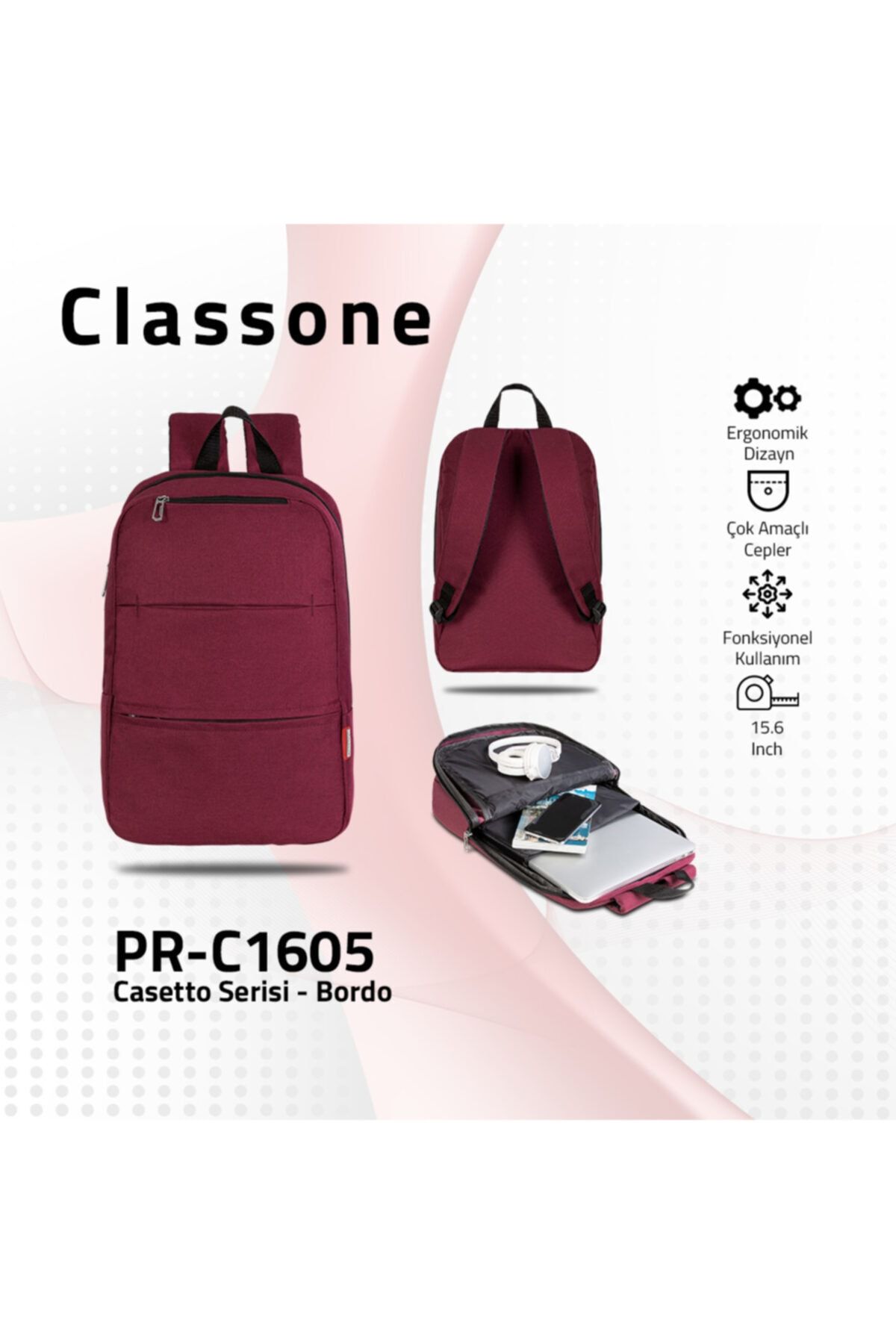 Classone Unisex Bordo Casetto 15.6 Sırt Notebook Çantası Pr-c1605